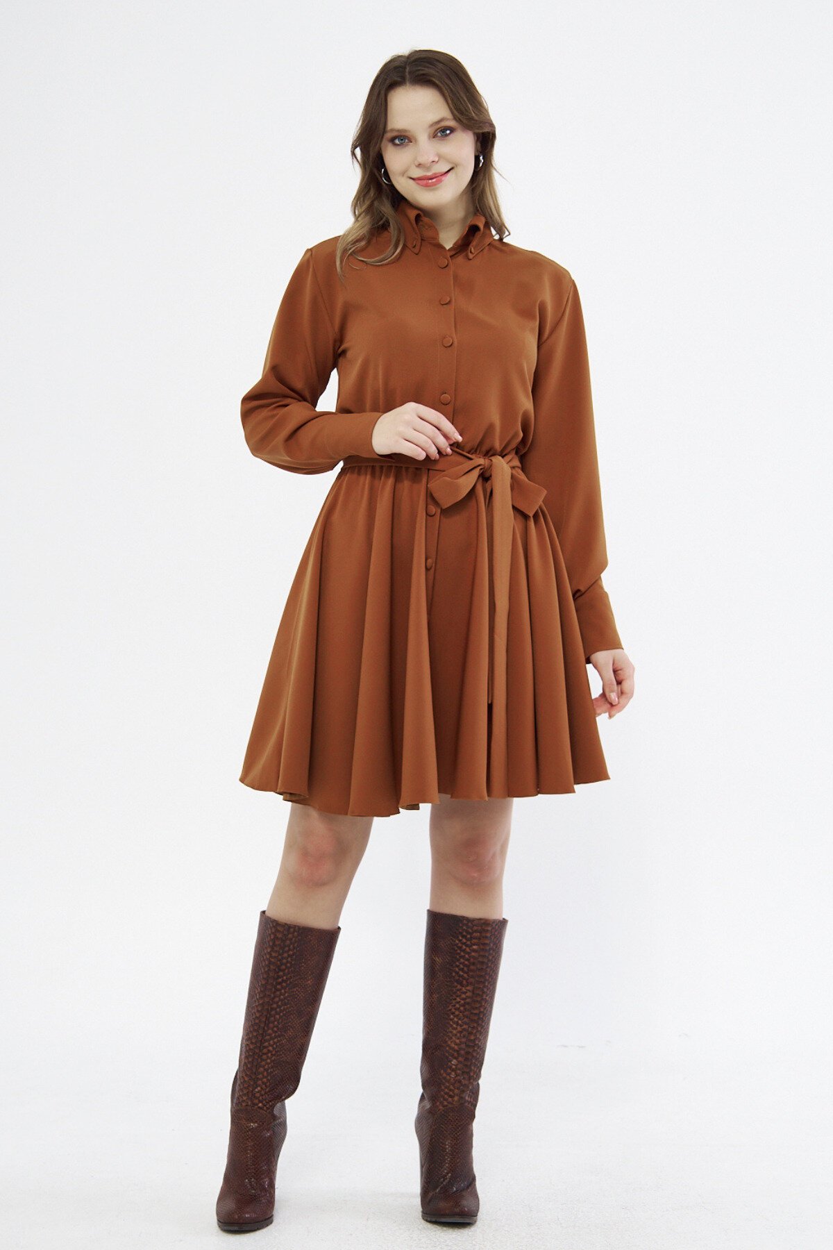 Mini Draped Woven Belted Long-Sleeve Shirt Dress - Cinnamon - Bidoluelbise