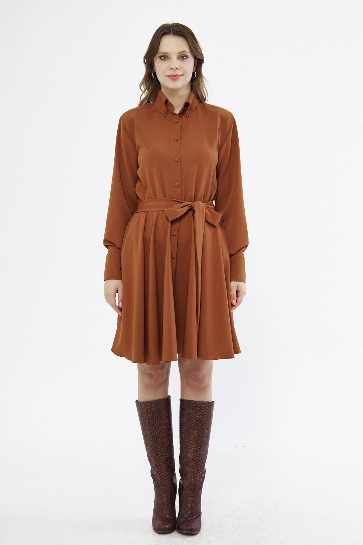 Mini Draped Woven Belted Long-Sleeve Shirt Dress - Cinnamon - Bidoluelbise