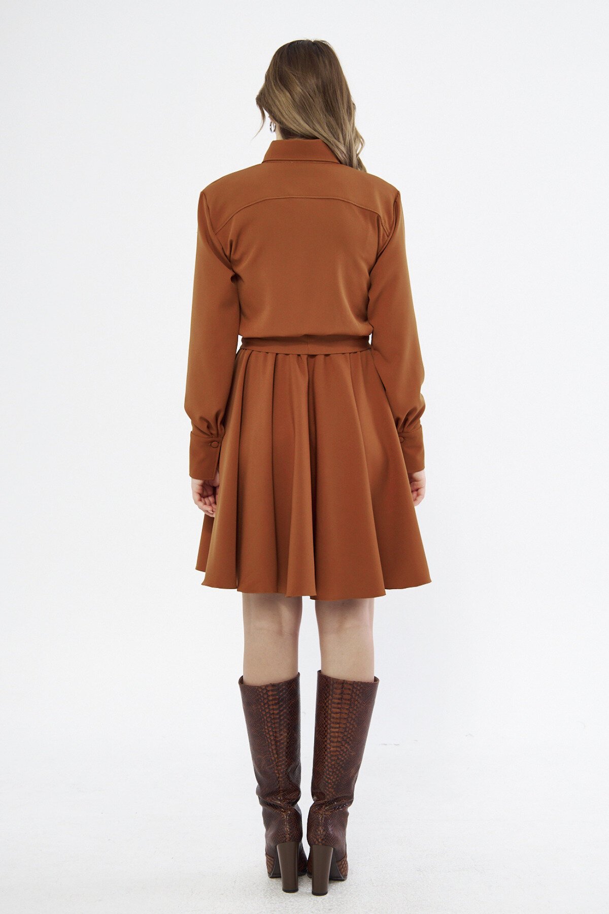 Mini Draped Woven Belted Long-Sleeve Shirt Dress - Cinnamon - Bidoluelbise