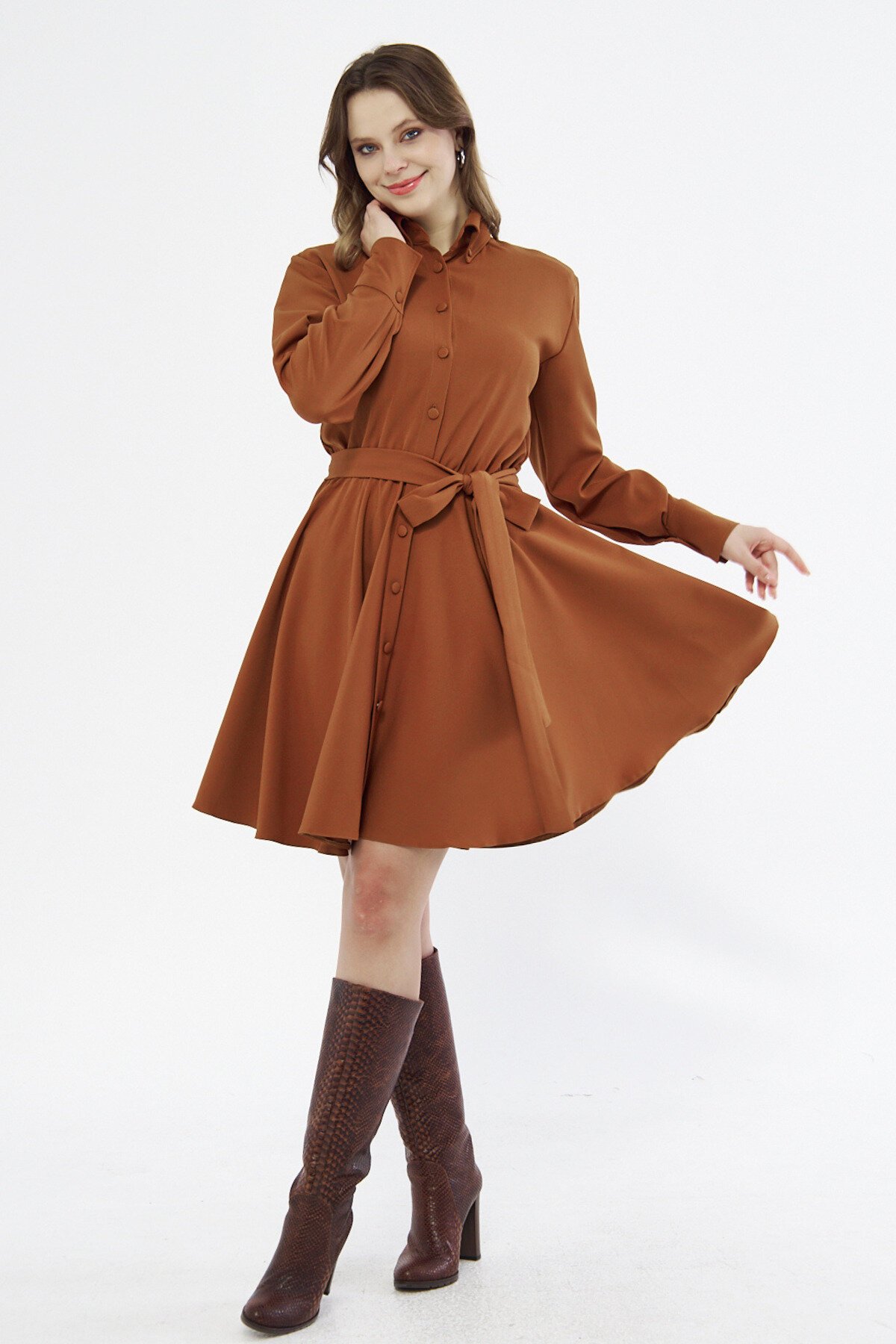 Mini Draped Woven Belted Long-Sleeve Shirt Dress - Cinnamon - Bidoluelbise