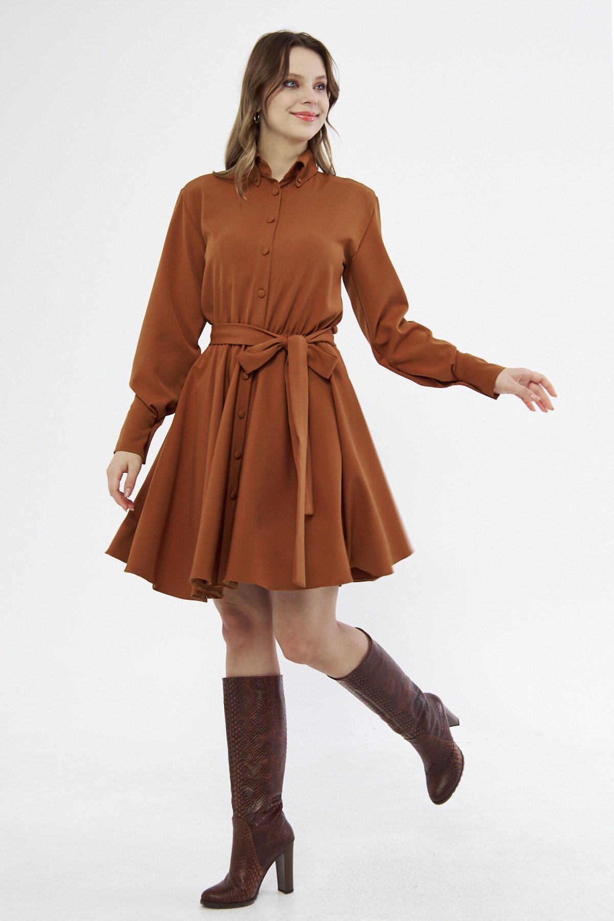 Mini Draped Woven Belted Long-Sleeve Shirt Dress - Cinnamon - Bidoluelbise