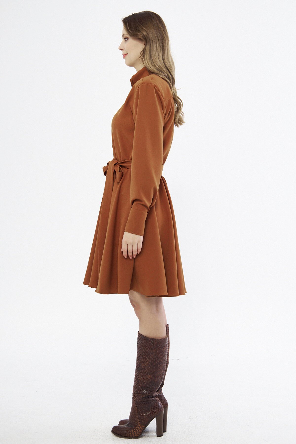 Mini Draped Woven Belted Long-Sleeve Shirt Dress - Cinnamon - Bidoluelbise