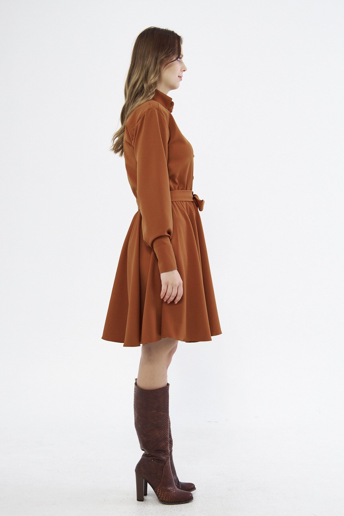 Mini Draped Woven Belted Long-Sleeve Shirt Dress - Cinnamon - Bidoluelbise