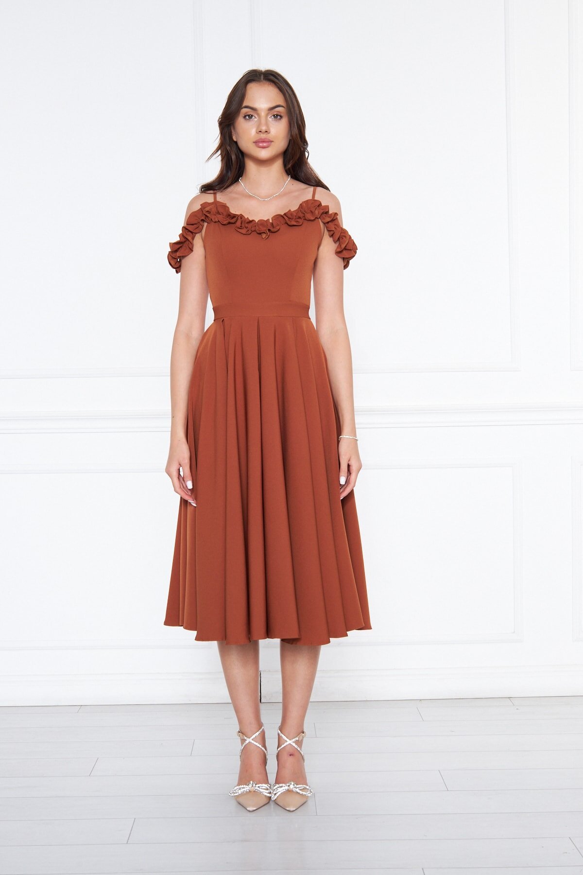 Midi Flared Pleated Adjustable Strap Evening Dress - Cinnamon - Bidoluelbise