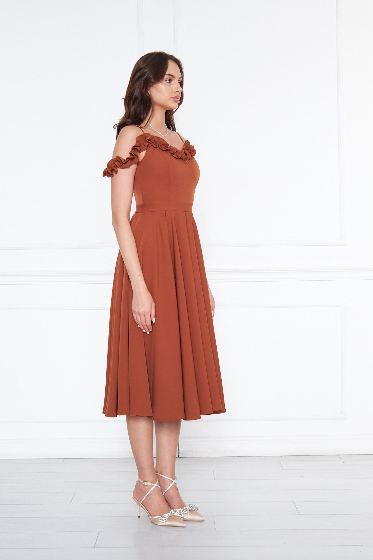Midi Flared Pleated Adjustable Strap Evening Dress - Cinnamon - Bidoluelbise