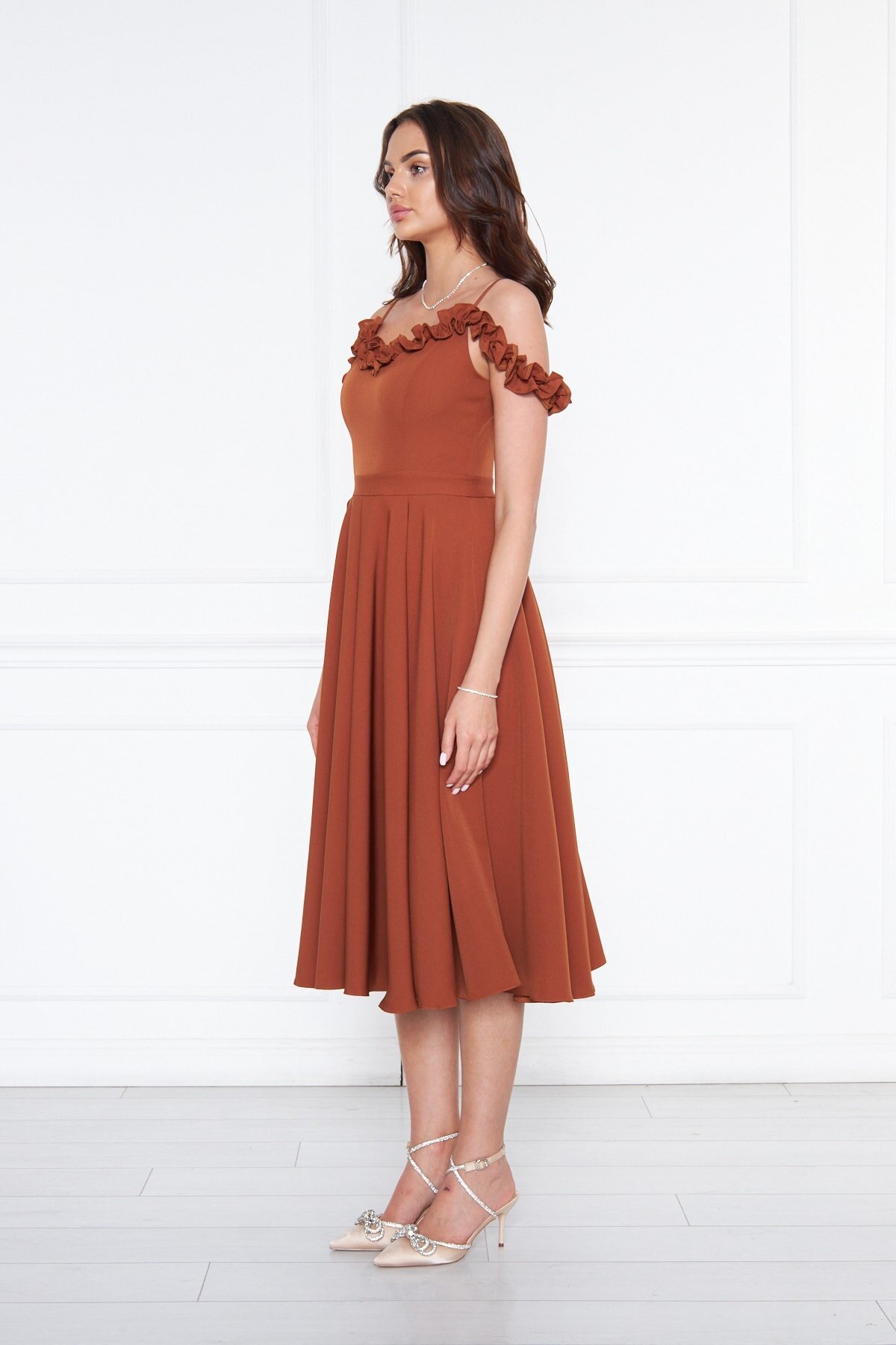 Midi Flared Pleated Adjustable Strap Evening Dress - Cinnamon - Bidoluelbise