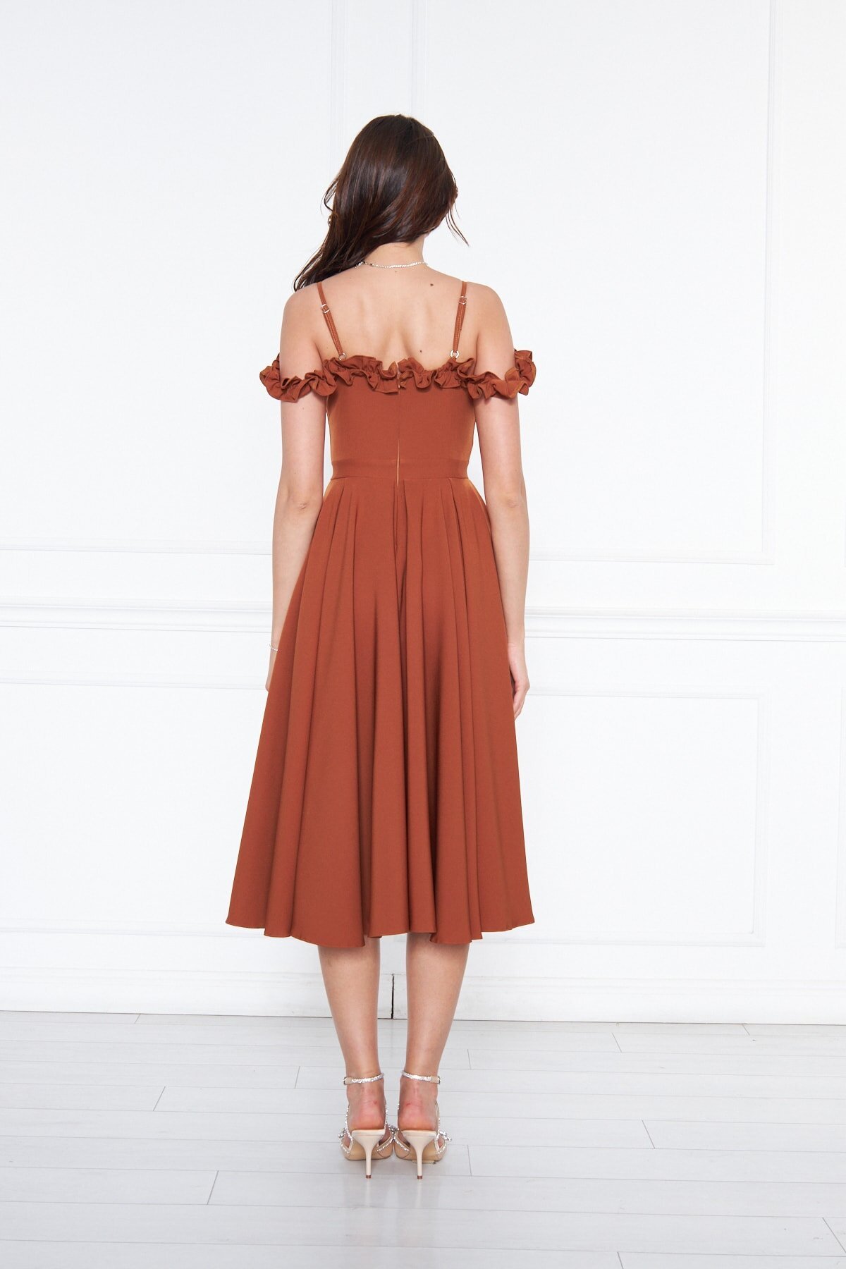 Midi Flared Pleated Adjustable Strap Evening Dress - Cinnamon - Bidoluelbise