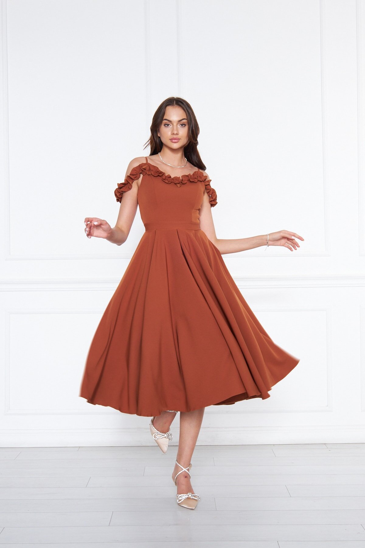 Midi Flared Pleated Adjustable Strap Evening Dress - Cinnamon - Bidoluelbise
