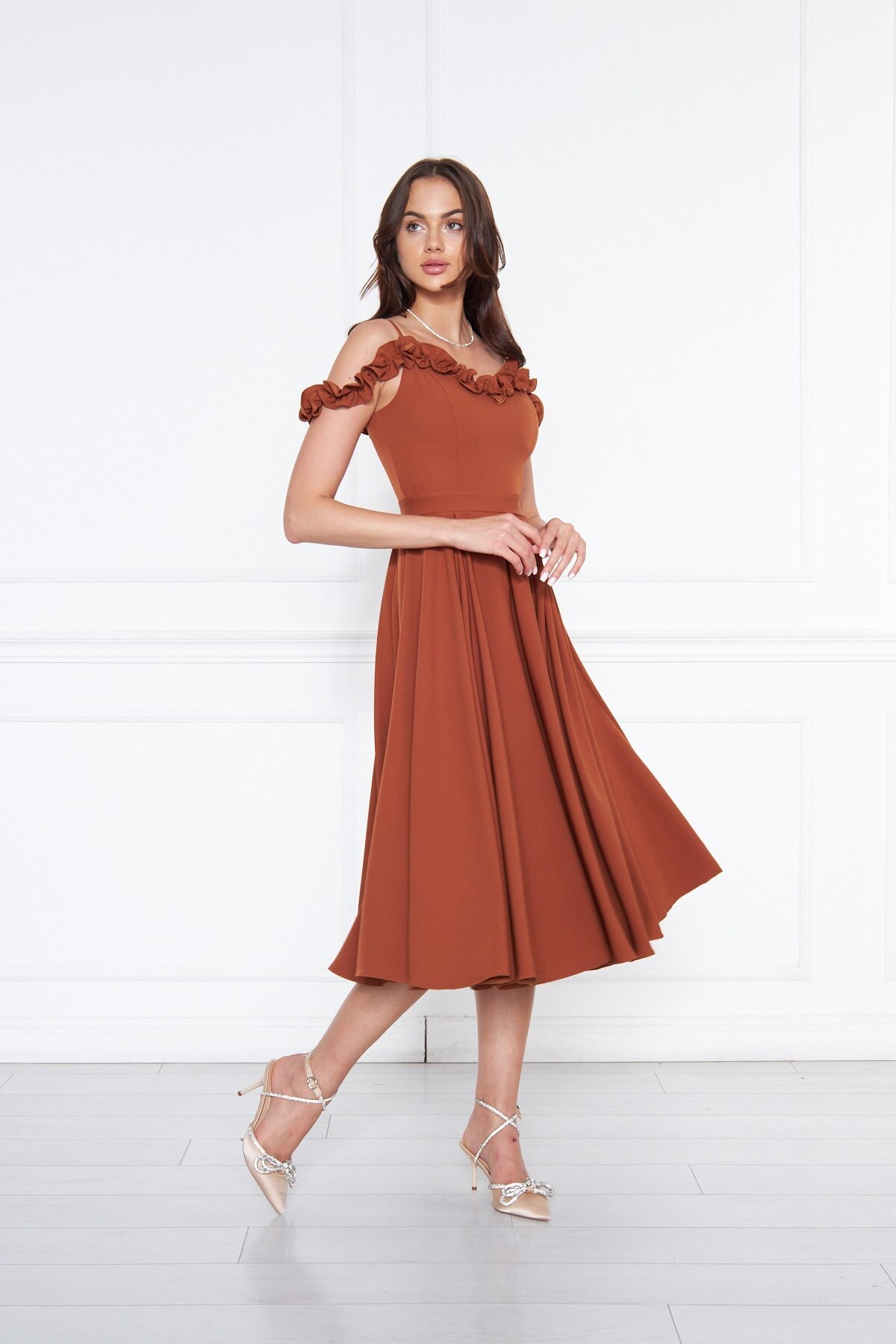 Midi Flared Pleated Adjustable Strap Evening Dress - Cinnamon - Bidoluelbise