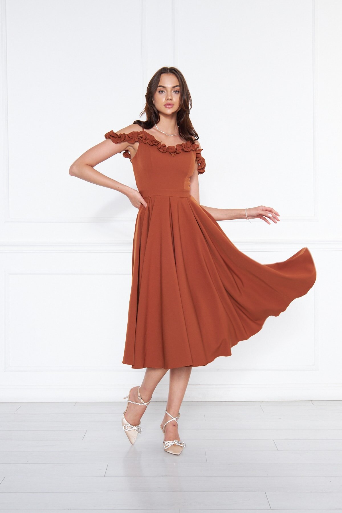 Midi Flared Pleated Adjustable Strap Evening Dress - Cinnamon - Bidoluelbise