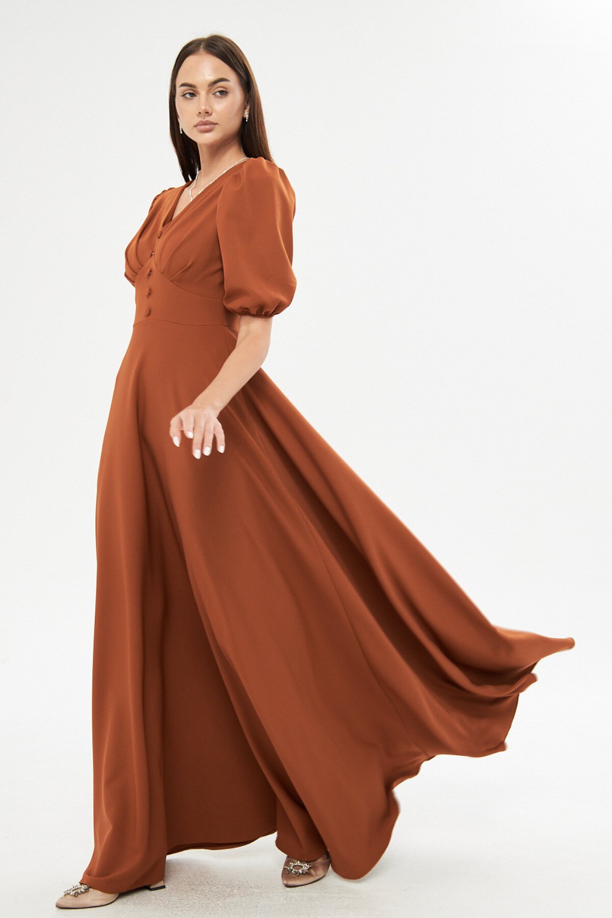 Long Balloon Sleeve V-Neck Corset-Detail Evening Dress - Cinnamon - Bidoluelbise