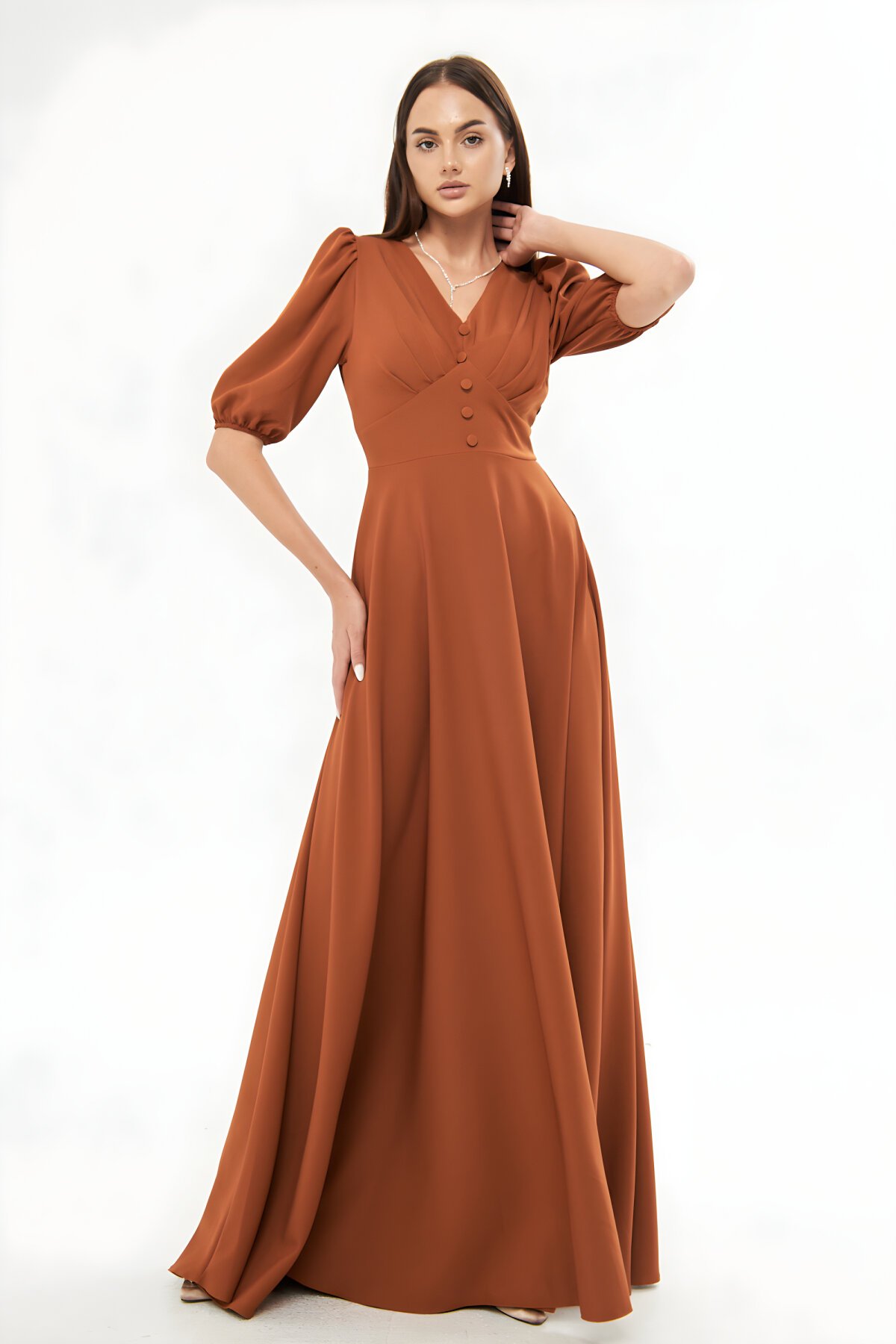 فستان سهرة طويل قرفي بأكمام بالون وحزام مشد - Bidoluelbise