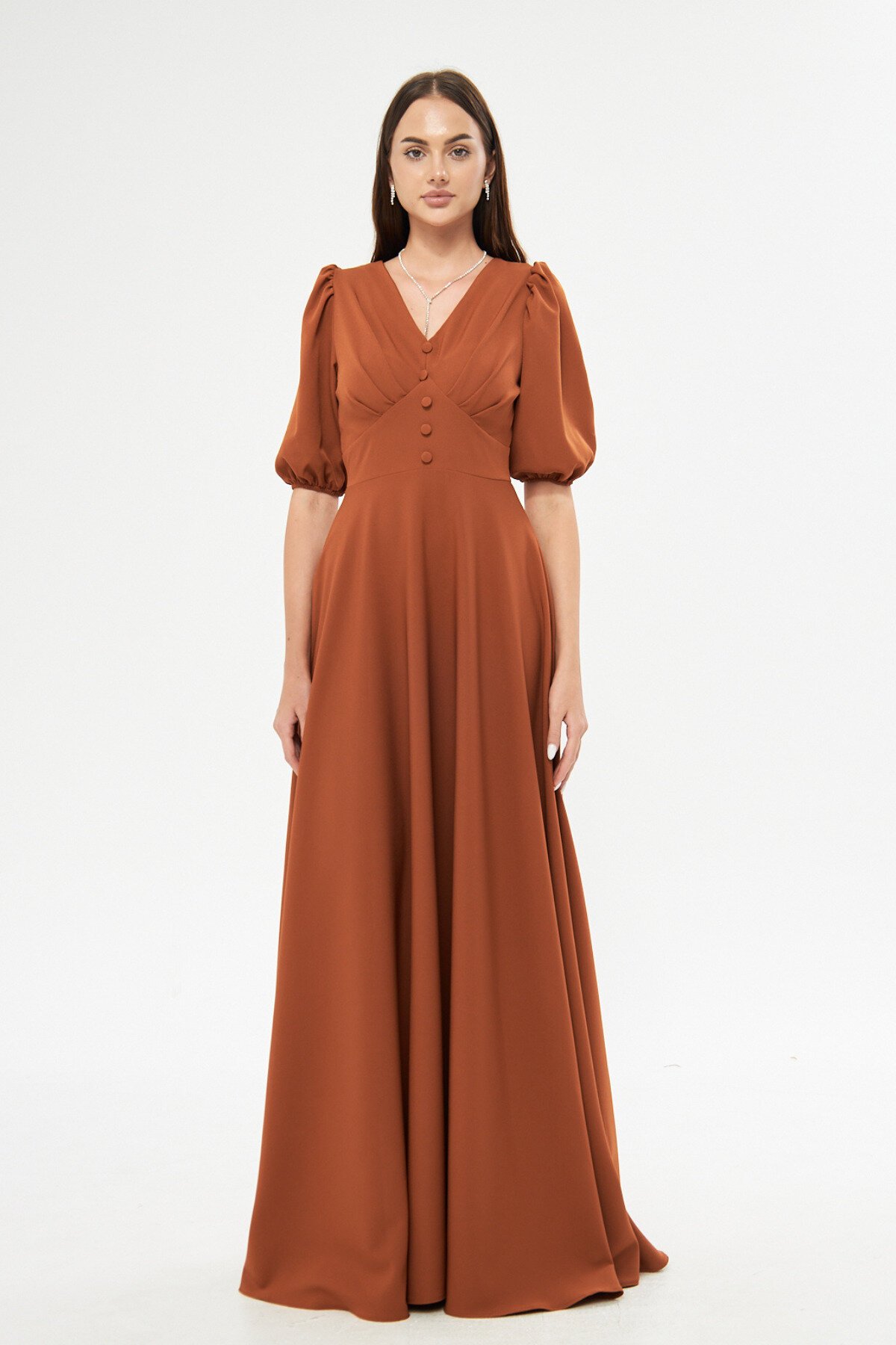 Long Balloon Sleeve V-Neck Corset-Detail Evening Dress - Cinnamon - Bidoluelbise