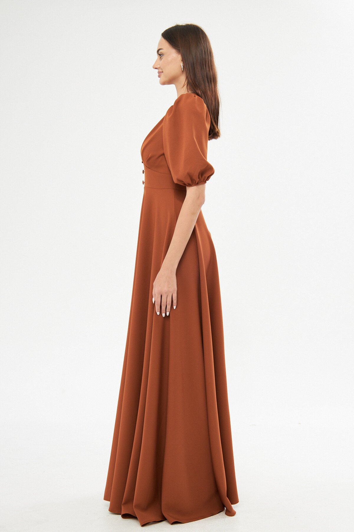 Long Balloon Sleeve V-Neck Corset-Detail Evening Dress - Cinnamon - Bidoluelbise