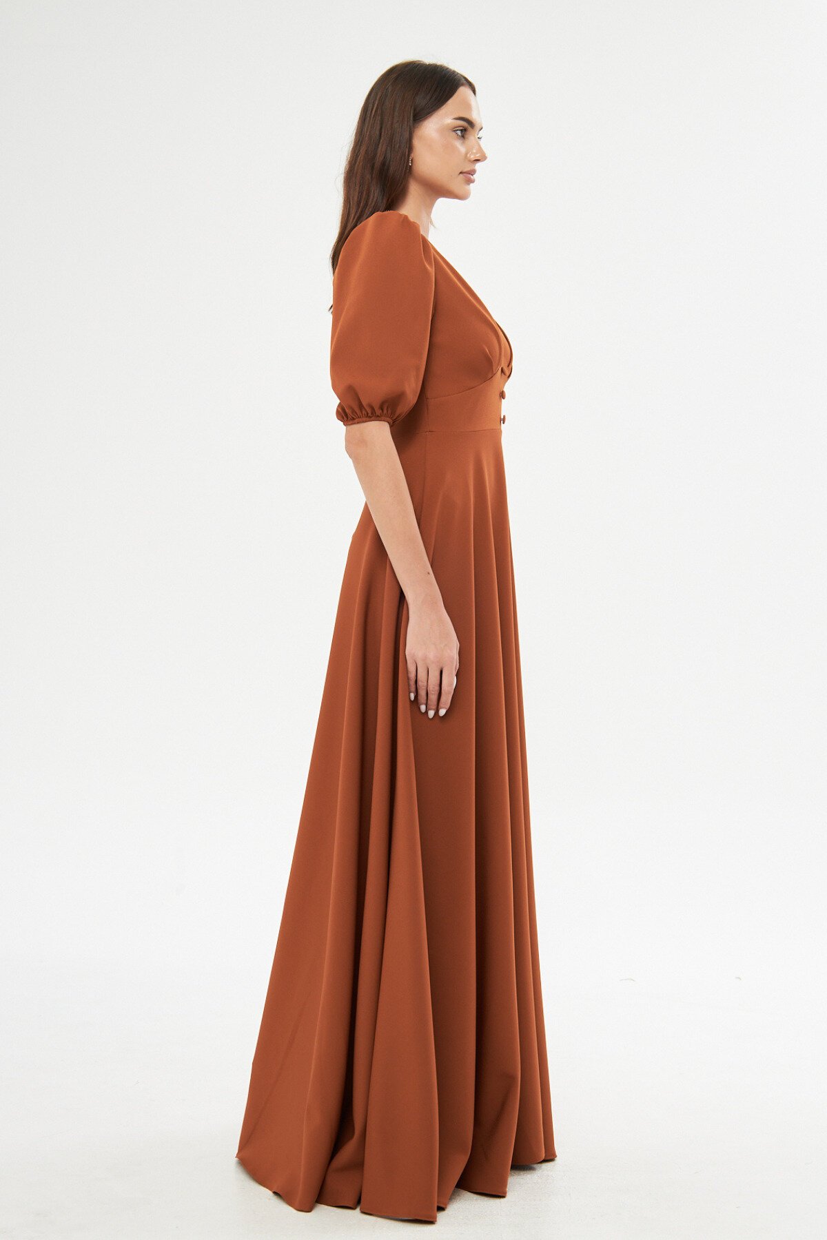 Long Balloon Sleeve V-Neck Corset-Detail Evening Dress - Cinnamon - Bidoluelbise
