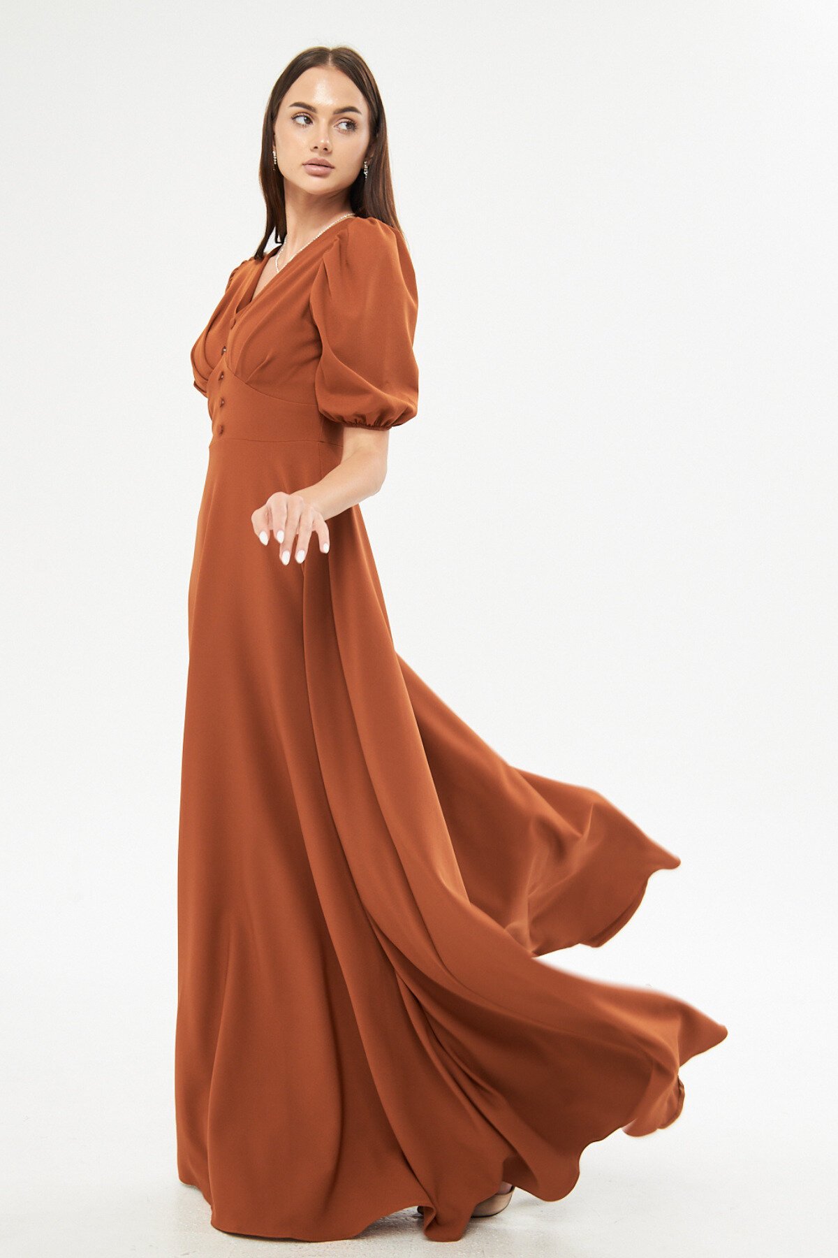 Long Balloon Sleeve V-Neck Corset-Detail Evening Dress - Cinnamon - Bidoluelbise