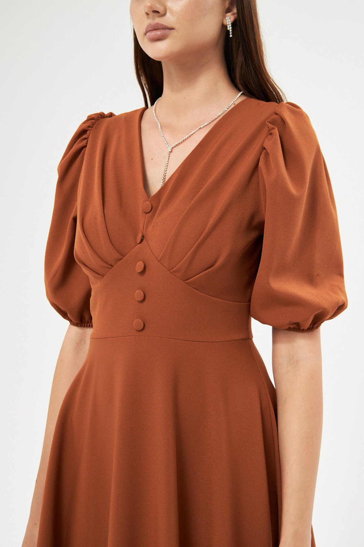 Long Balloon Sleeve V-Neck Corset-Detail Evening Dress - Cinnamon - Bidoluelbise