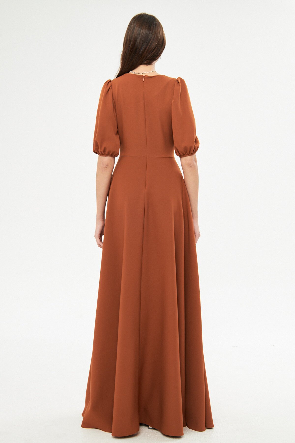 Long Balloon Sleeve V-Neck Corset-Detail Evening Dress - Cinnamon - Bidoluelbise