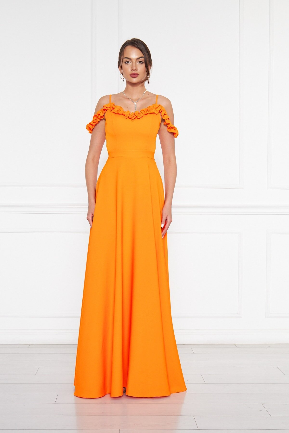 Long Flared Strapless Adjustable Strap Ruffle Detail Evening Dress - Orange - Bidoluelbise