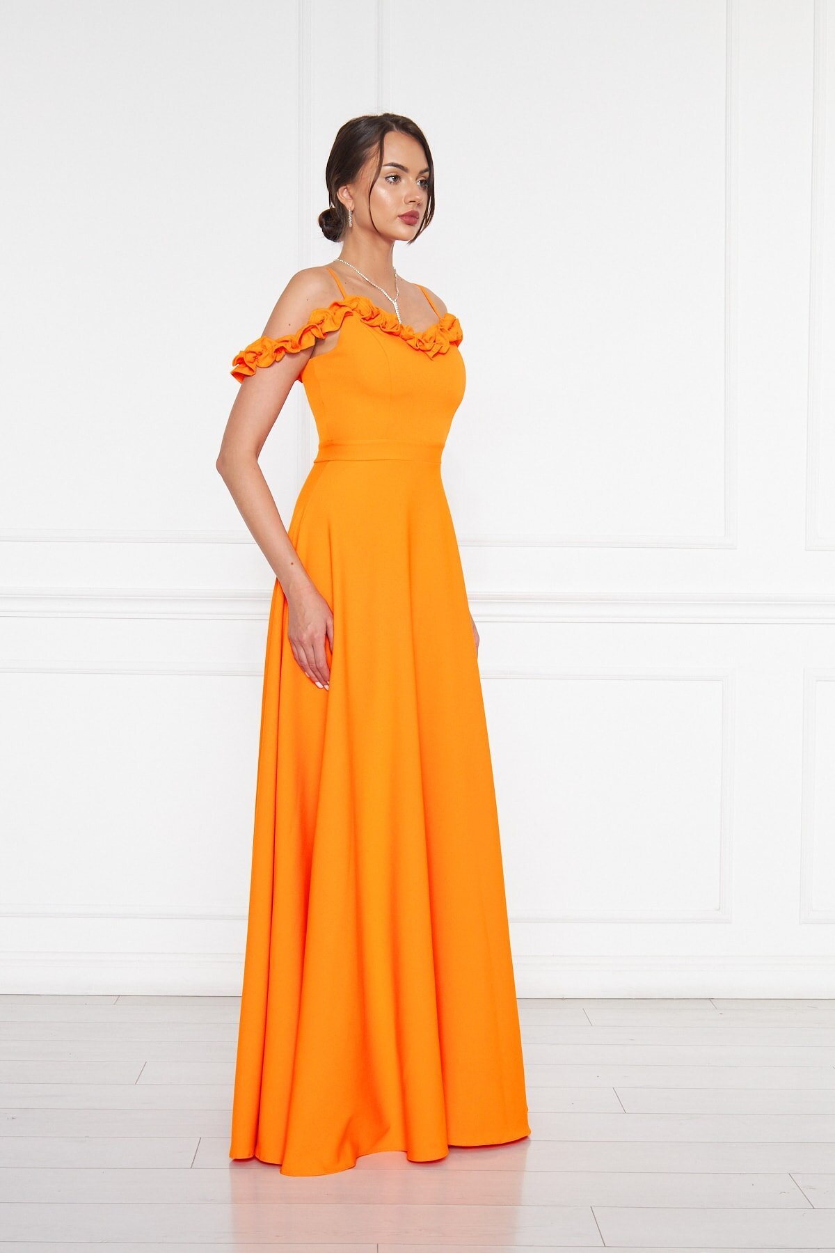 Long Flared Strapless Adjustable Strap Ruffle Detail Evening Dress - Orange - Bidoluelbise
