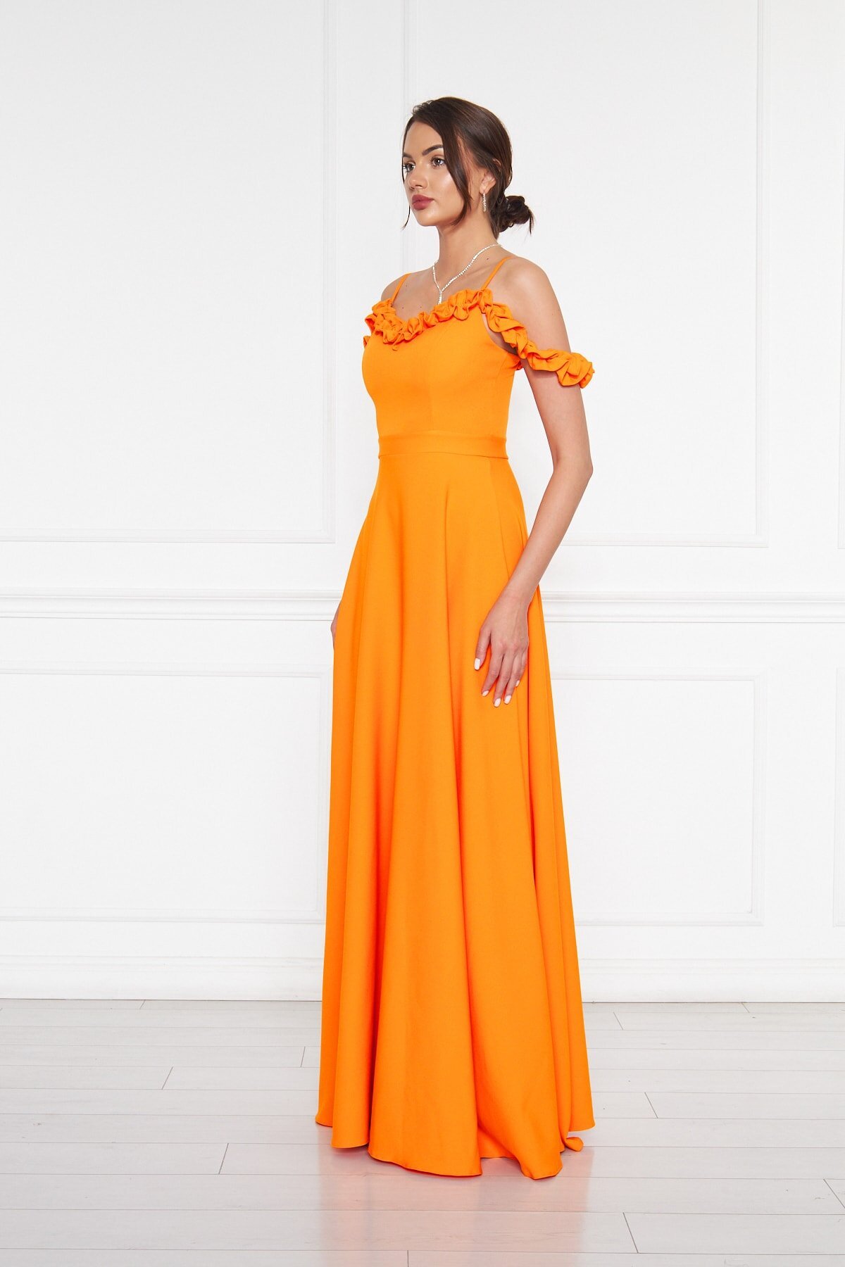 Long Flared Strapless Adjustable Strap Ruffle Detail Evening Dress - Orange - Bidoluelbise