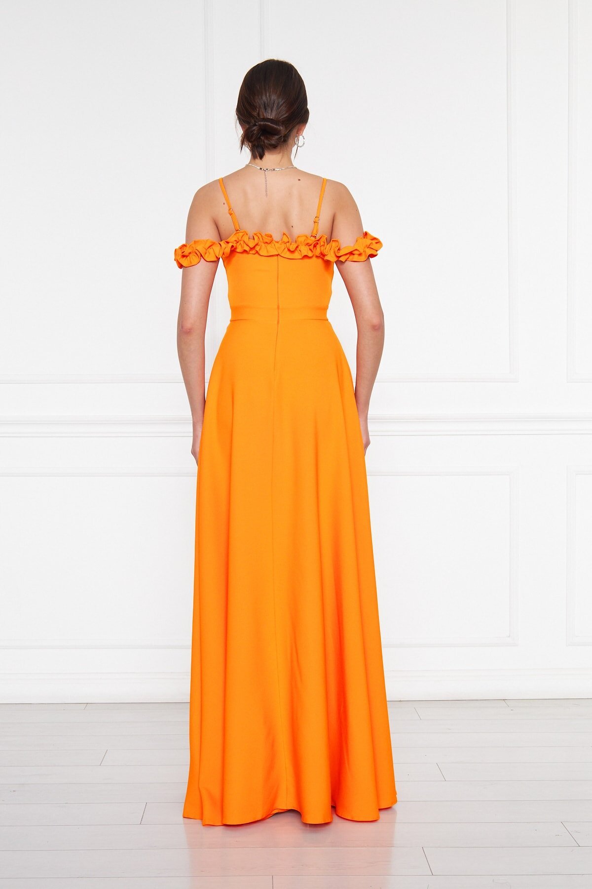 Long Flared Strapless Adjustable Strap Ruffle Detail Evening Dress - Orange - Bidoluelbise