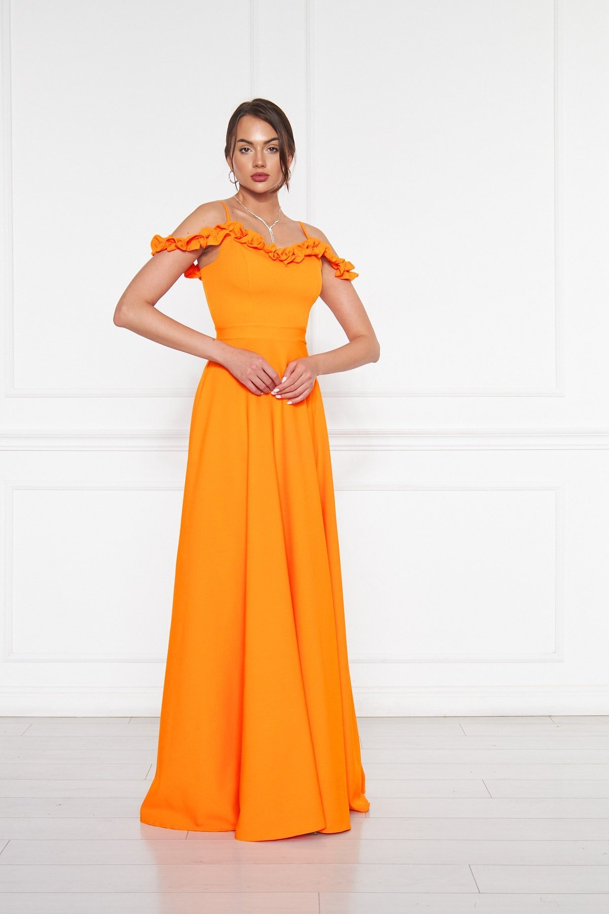 Long Flared Strapless Adjustable Strap Ruffle Detail Evening Dress - Orange - Bidoluelbise