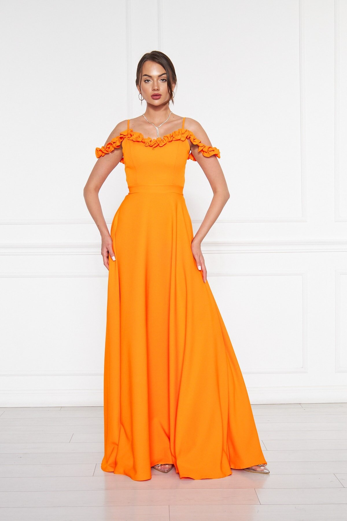 Long Flared Strapless Adjustable Strap Ruffle Detail Evening Dress - Orange - Bidoluelbise