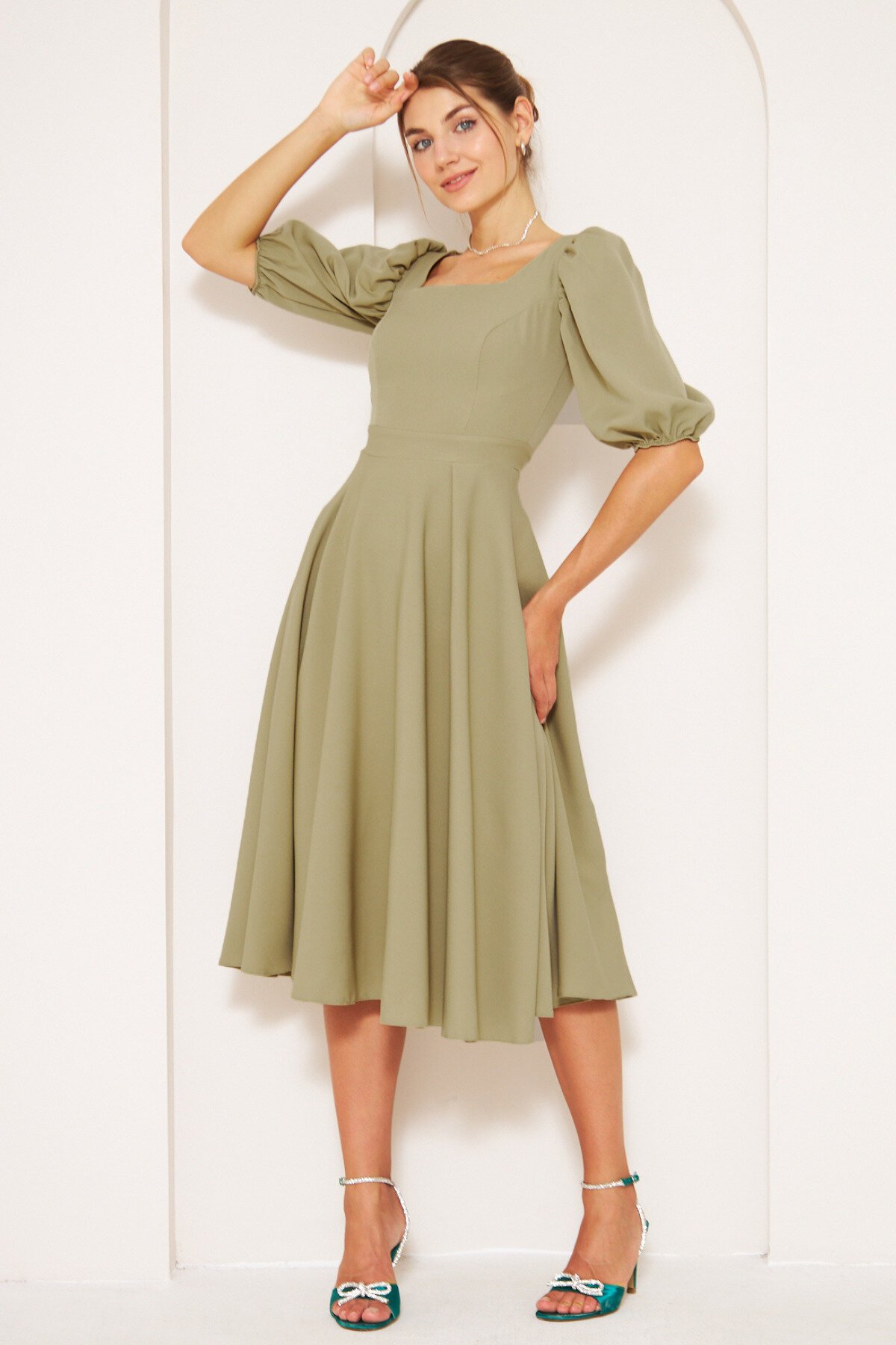 Midi Woven Elasticized Square Neck Balloon Sleeve Dress - Olive Green - Bidoluelbise