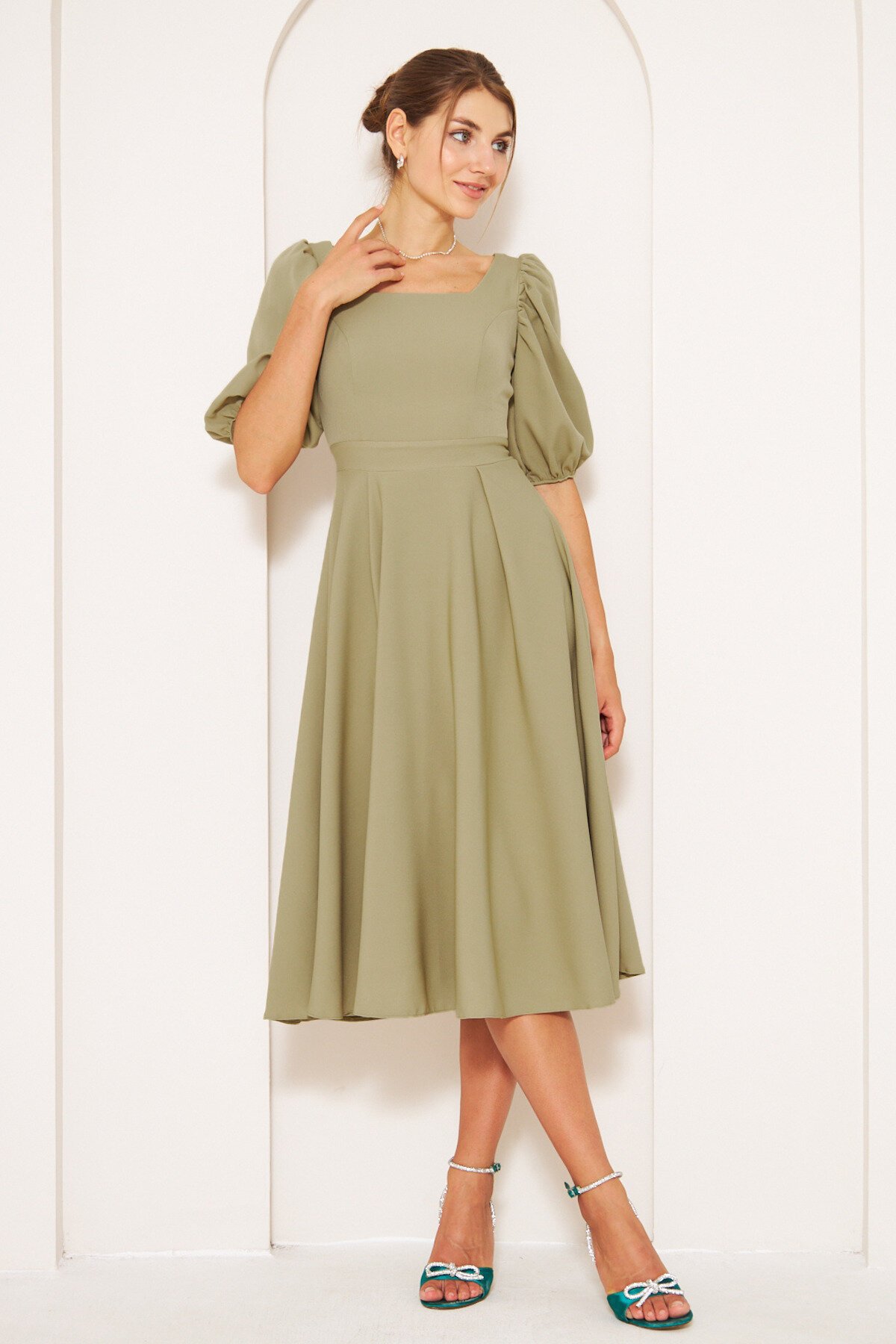Midi Woven Elasticized Square Neck Balloon Sleeve Dress - Olive Green - Bidoluelbise