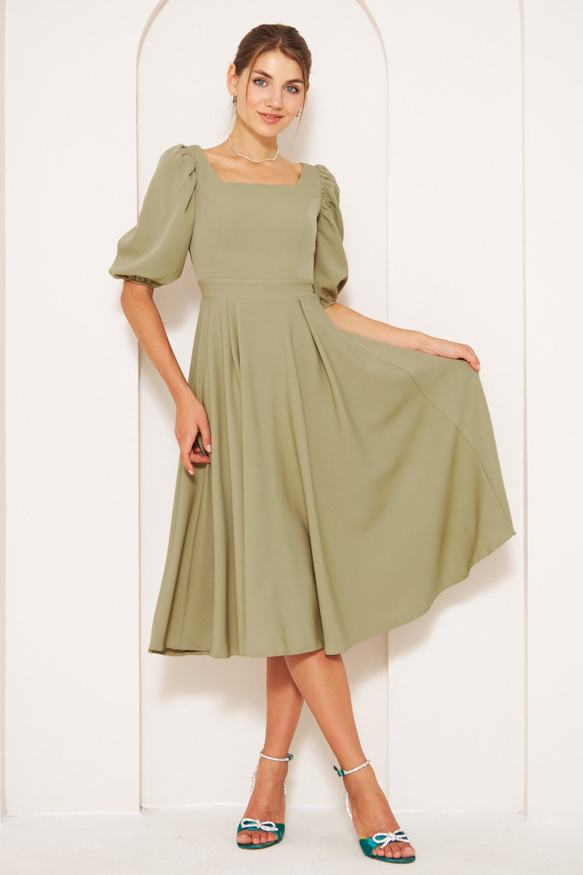 Midi Woven Elasticized Square Neck Balloon Sleeve Dress - Olive Green - Bidoluelbise