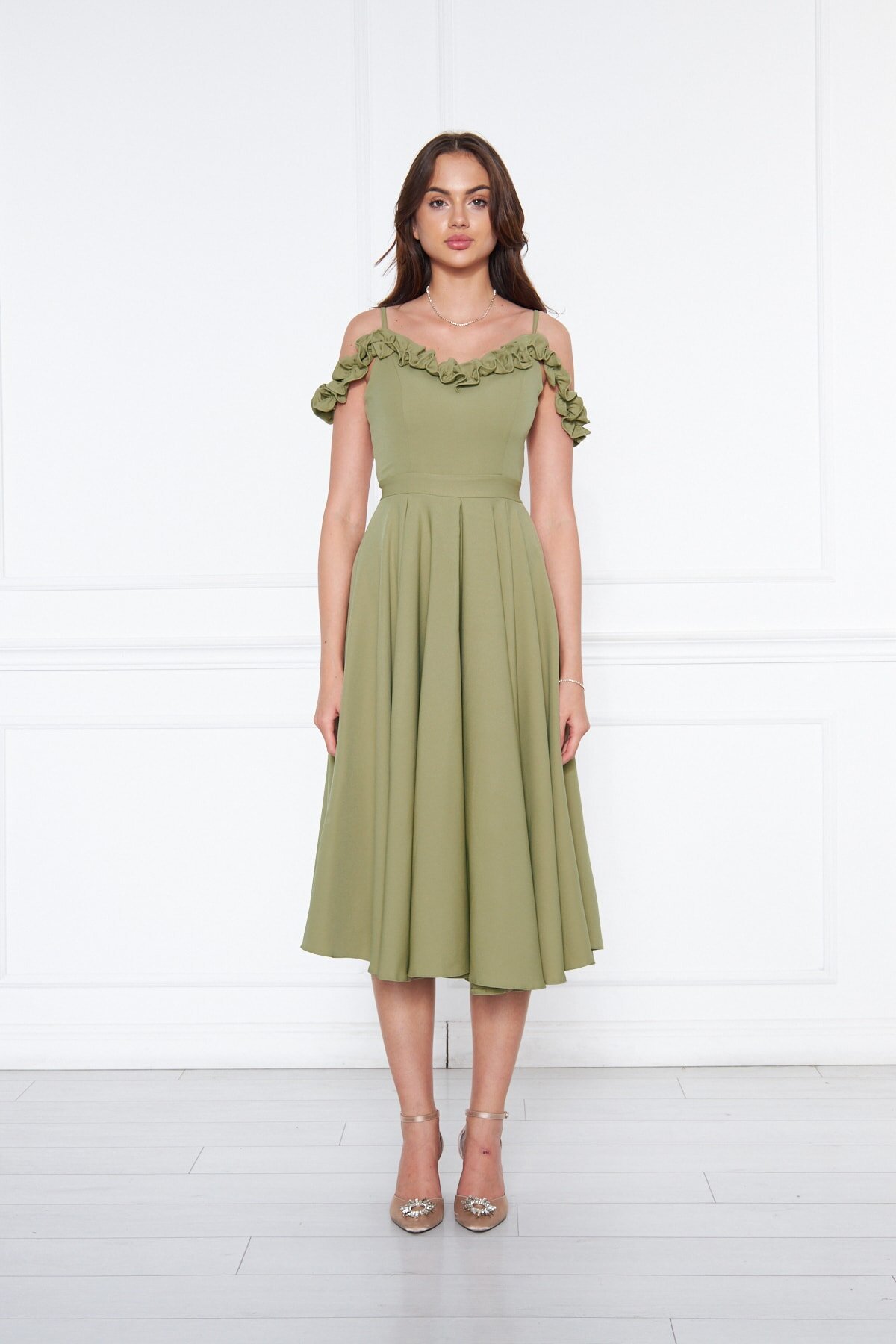 Midi Flared Pleated Adjustable Straps Ruffle Detail Evening Dress - Oil Green - Bidoluelbise