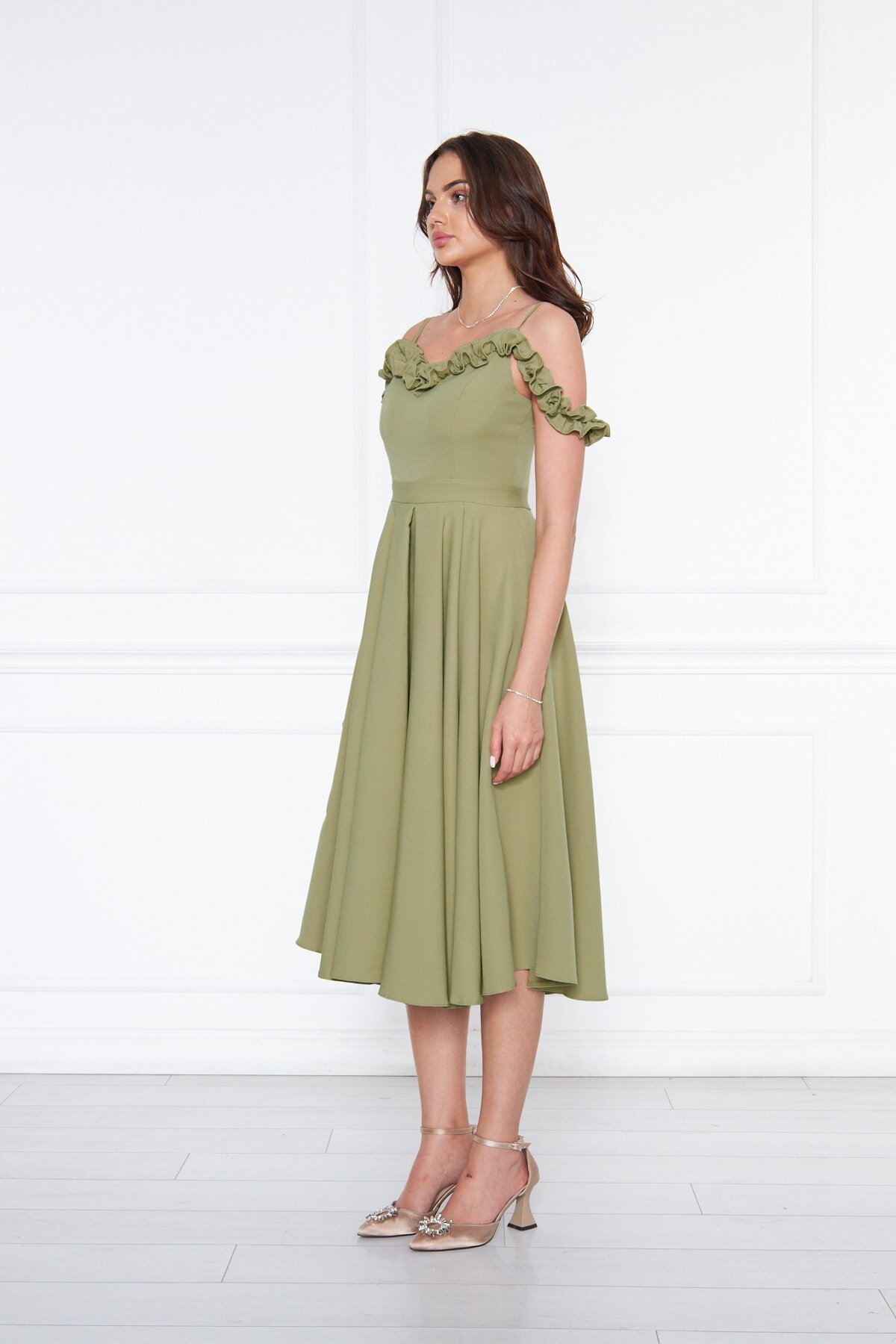 Midi Flared Pleated Adjustable Straps Ruffle Detail Evening Dress - Oil Green - Bidoluelbise