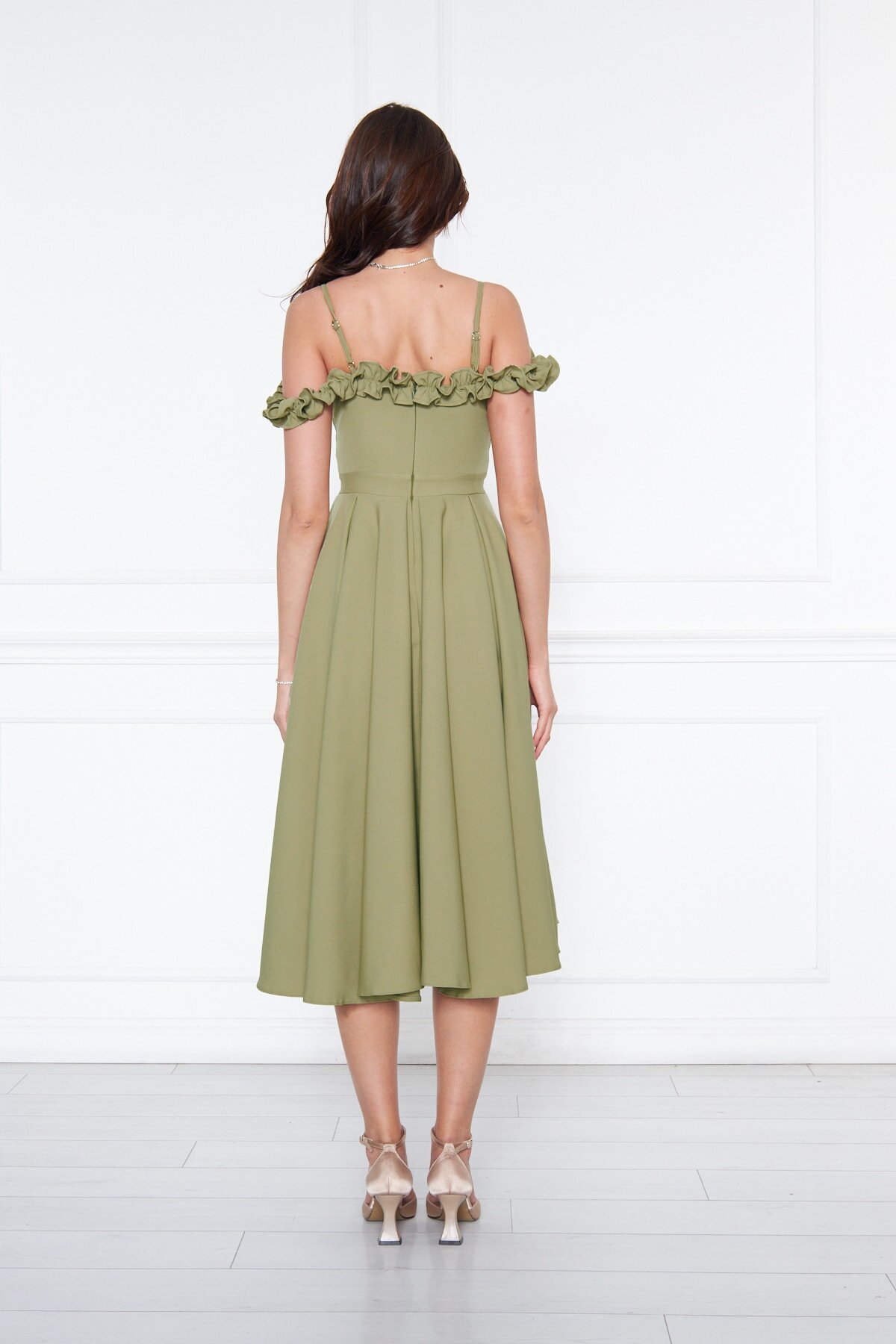 Midi Flared Pleated Adjustable Straps Ruffle Detail Evening Dress - Oil Green - Bidoluelbise