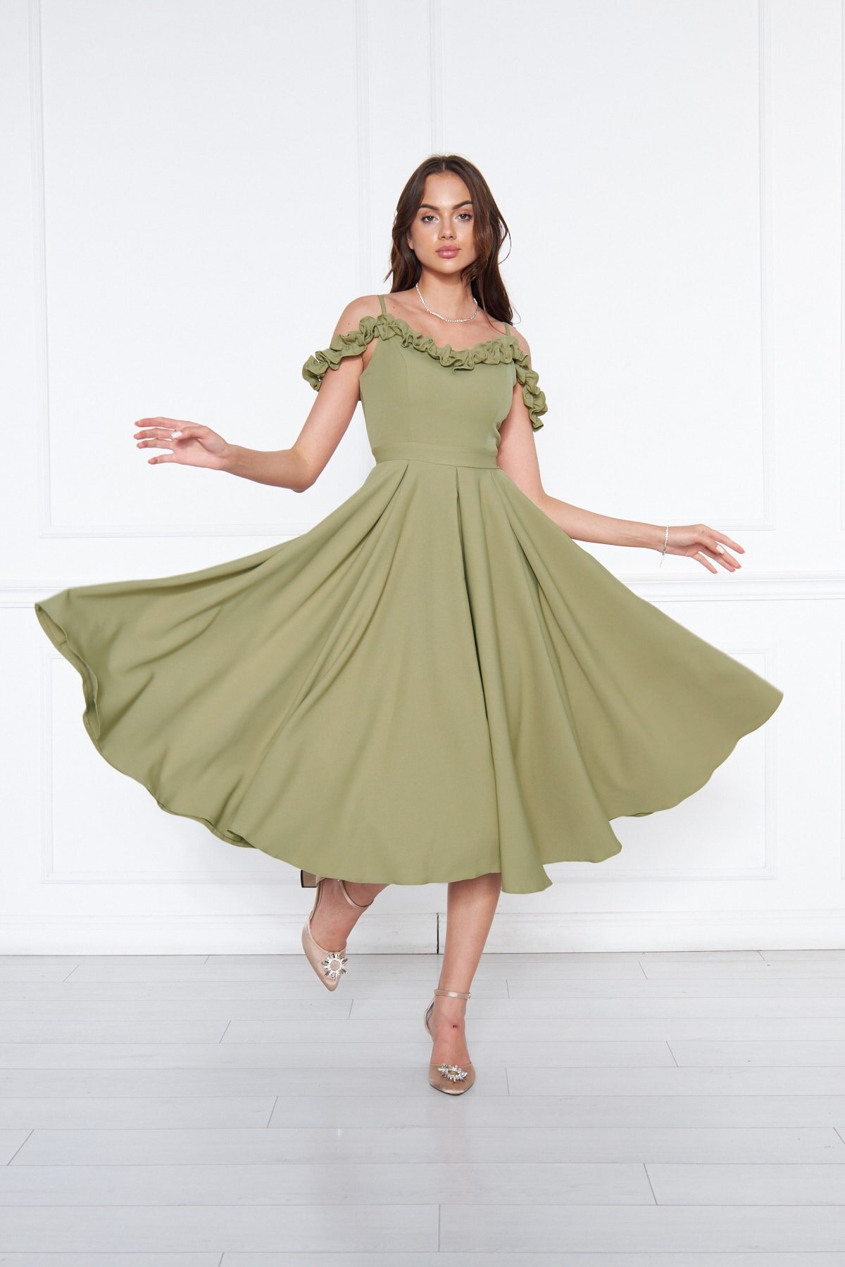 Midi Flared Pleated Adjustable Straps Ruffle Detail Evening Dress - Oil Green - Bidoluelbise