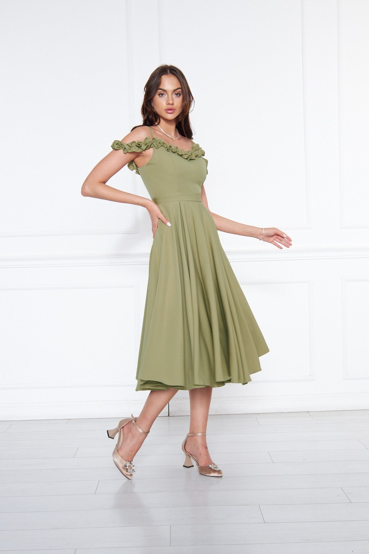 Midi Flared Pleated Adjustable Straps Ruffle Detail Evening Dress - Oil Green - Bidoluelbise