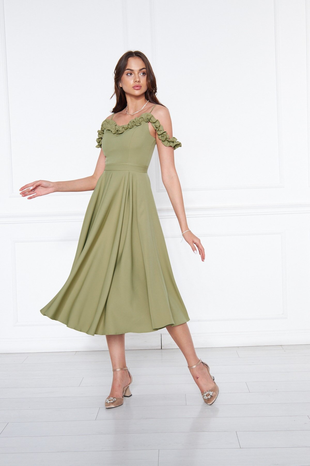 Midi Flared Pleated Adjustable Straps Ruffle Detail Evening Dress - Oil Green - Bidoluelbise
