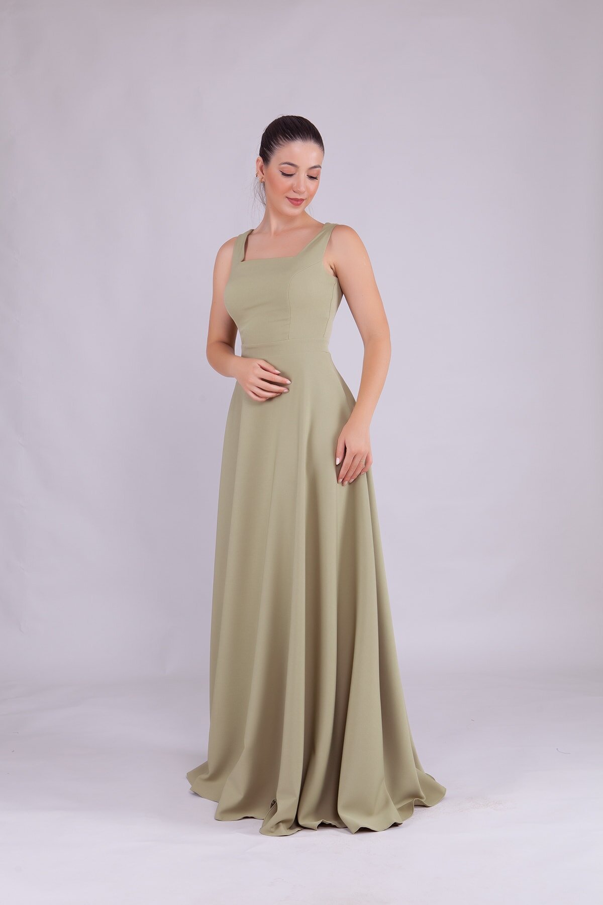Long Square-Neck Evening Dress - Oil Green - Bidoluelbise