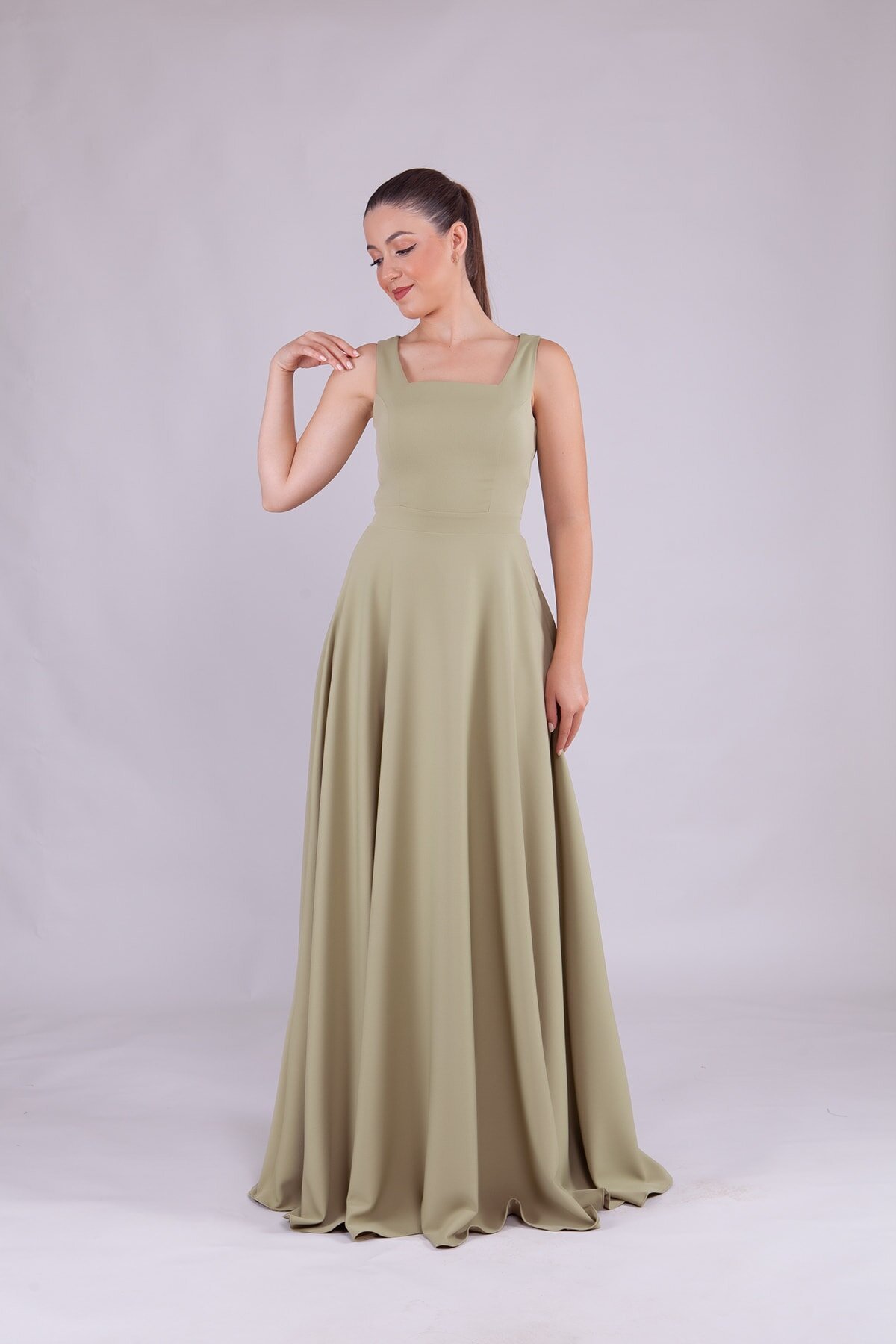 Long Square-Neck Evening Dress - Oil Green - Bidoluelbise