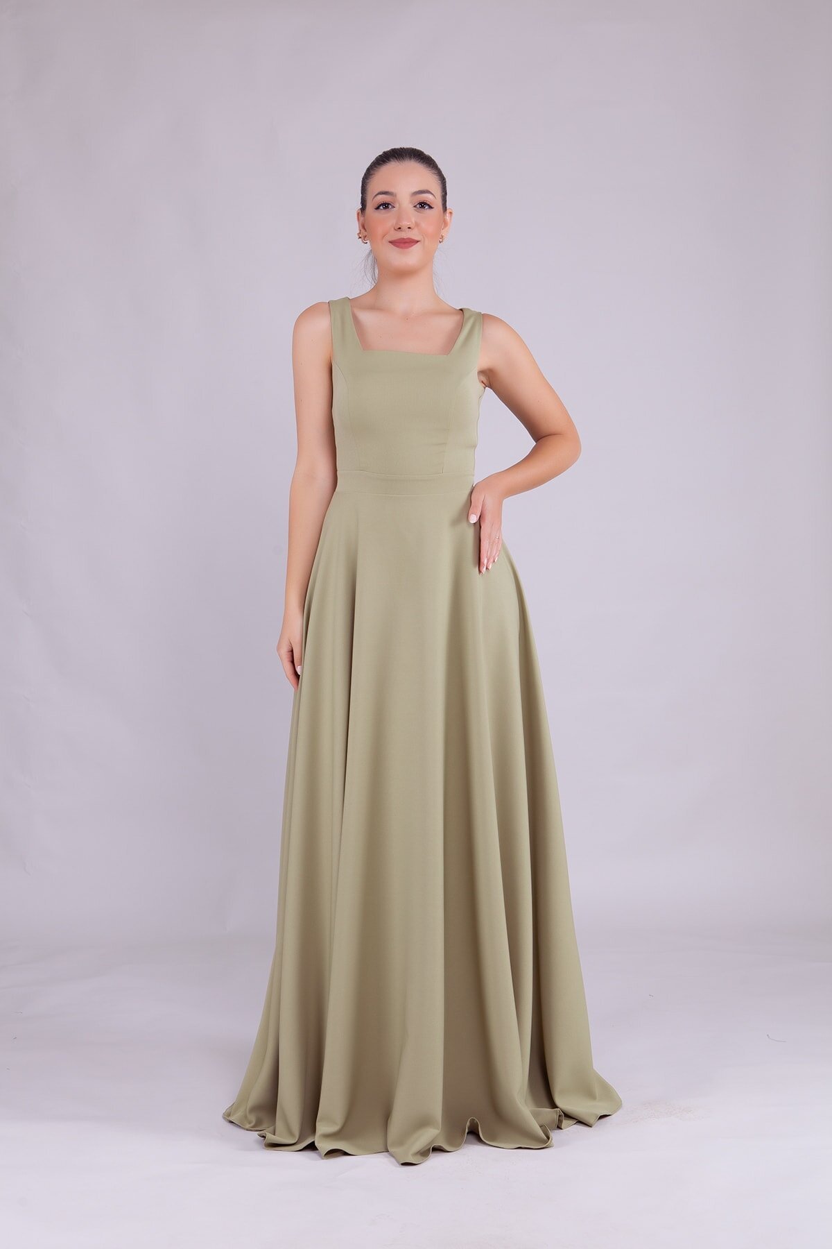 Long Square-Neck Evening Dress - Oil Green - Bidoluelbise
