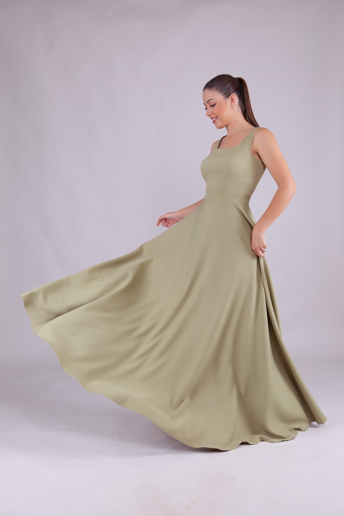 Long Square-Neck Evening Dress - Oil Green - Bidoluelbise