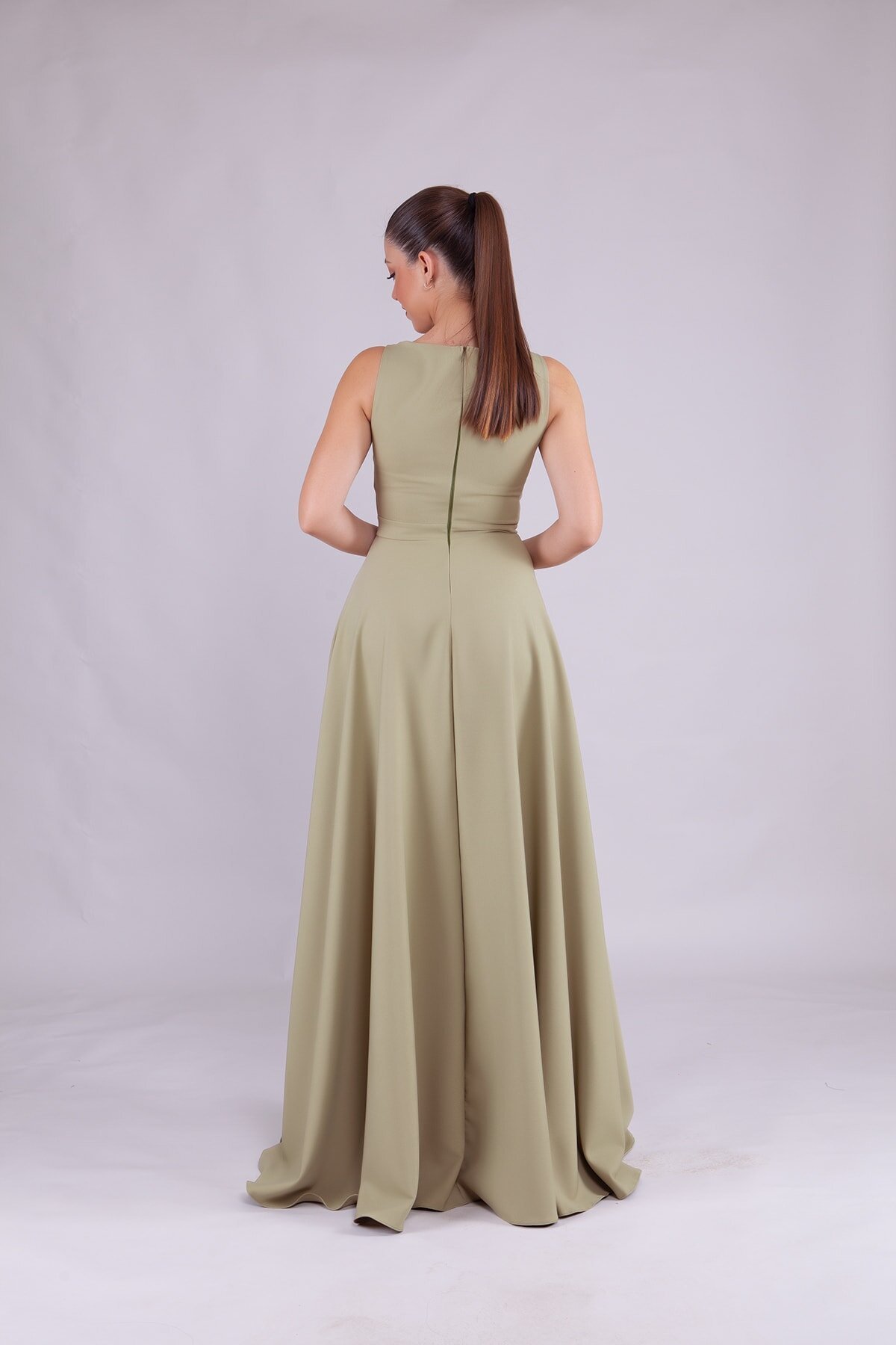 Long Square-Neck Evening Dress - Oil Green - Bidoluelbise