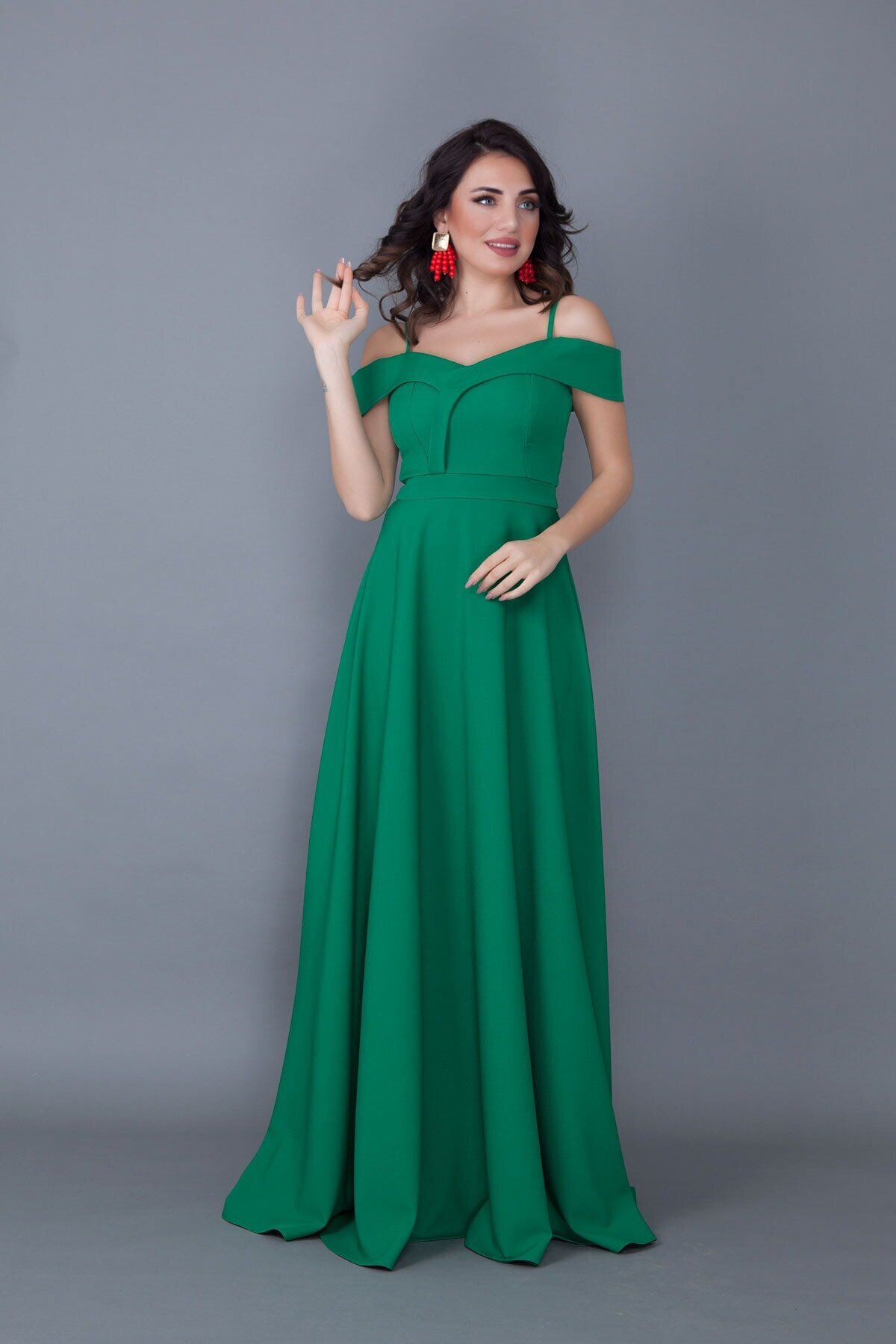 Long Flared Strappy Off-Shoulder Engagement Evening Dress - Green - Bidoluelbise