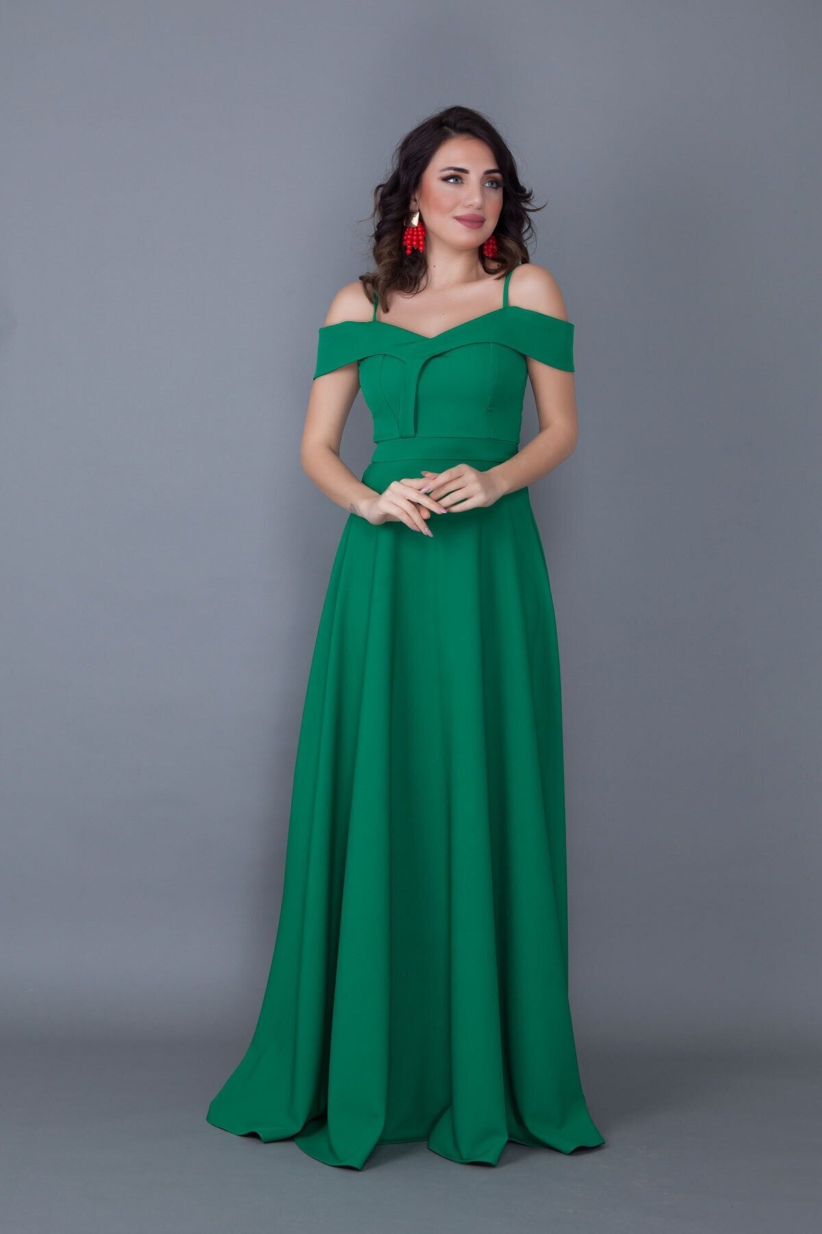 Long Flared Strappy Off-Shoulder Engagement Evening Dress - Green - Bidoluelbise