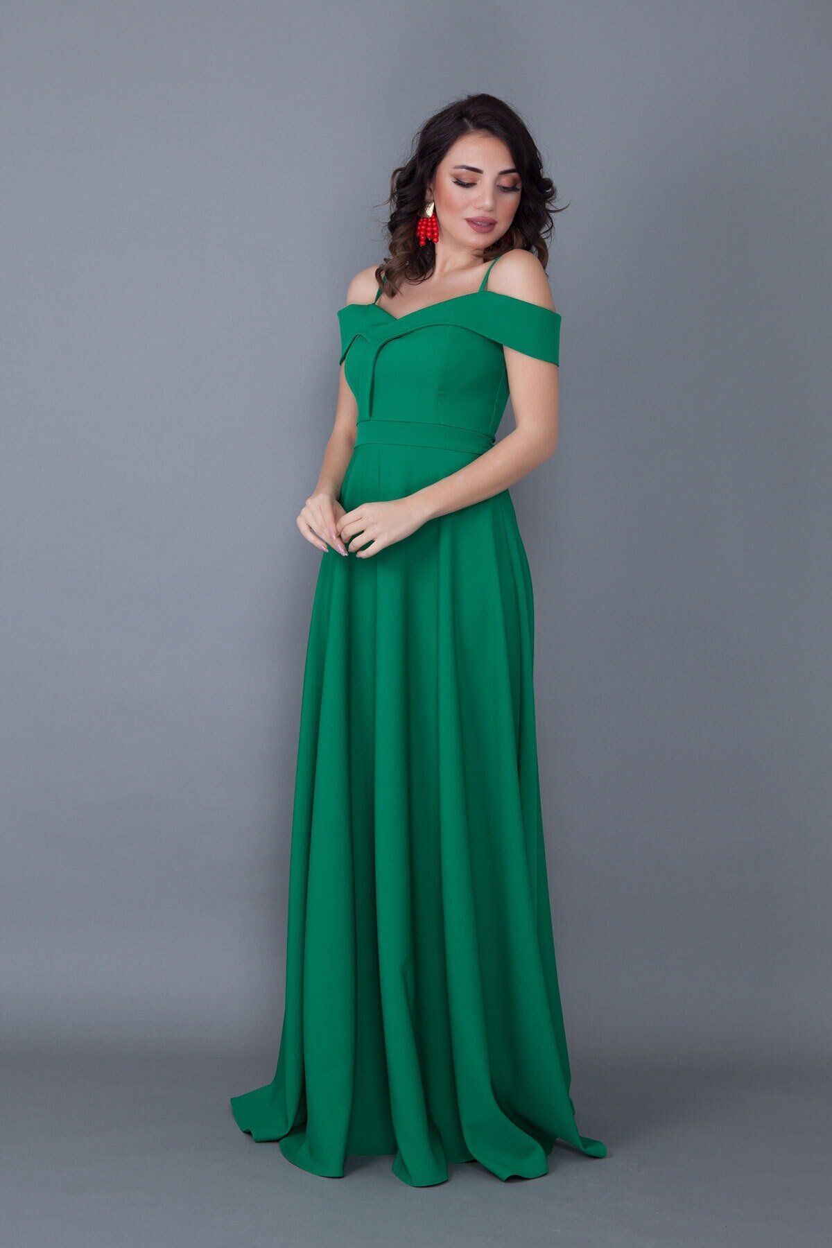 Long Flared Strappy Off-Shoulder Engagement Evening Dress - Green - Bidoluelbise