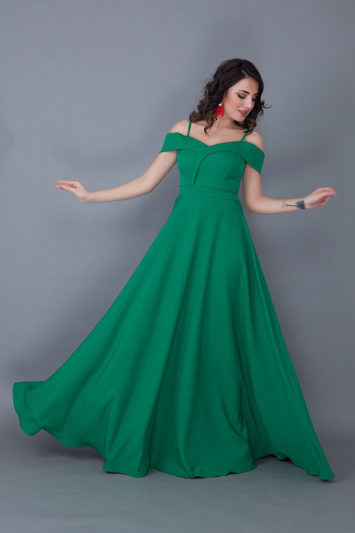 Long Flared Strappy Off-Shoulder Engagement Evening Dress - Green - Bidoluelbise