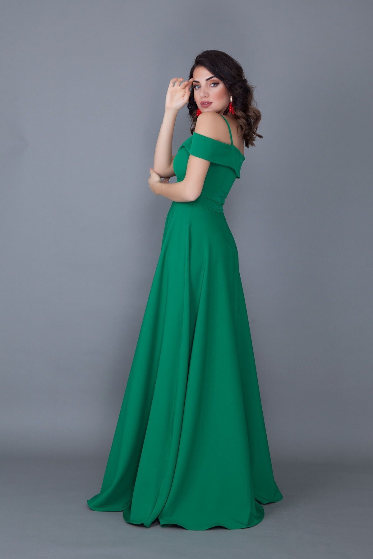 Long Flared Strappy Off-Shoulder Engagement Evening Dress - Green - Bidoluelbise