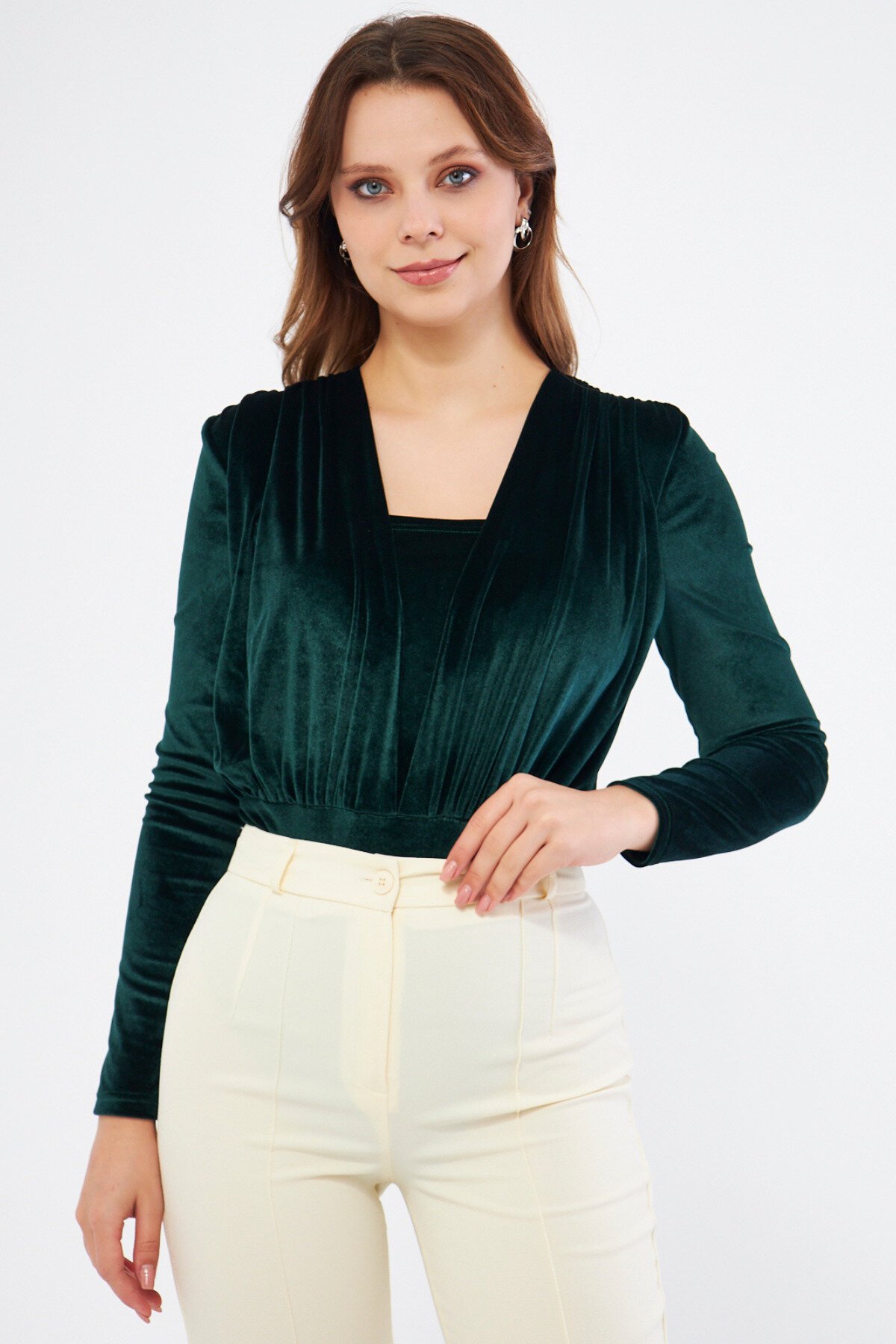 Long Sleeve Velvet Ruched Snap-Button Detail Bodysuit - Emerald - Bidoluelbise