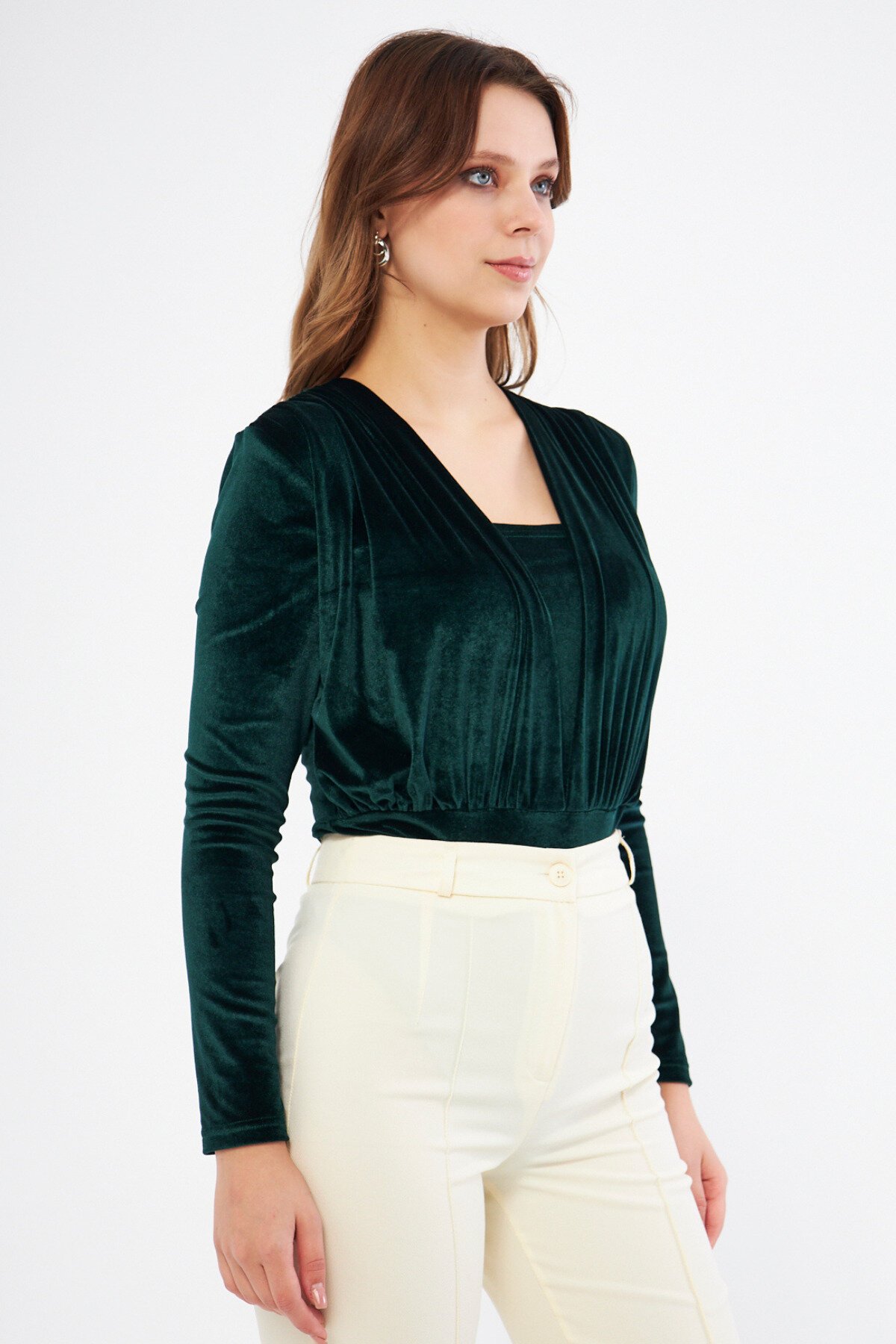 Long Sleeve Velvet Ruched Snap-Button Detail Bodysuit - Emerald - Bidoluelbise