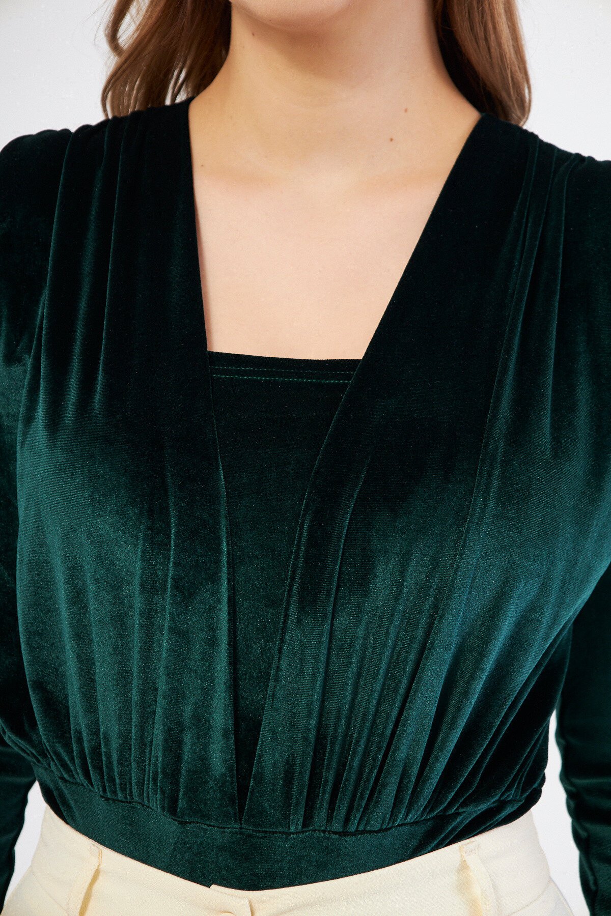 Long Sleeve Velvet Ruched Snap-Button Detail Bodysuit - Emerald - Bidoluelbise